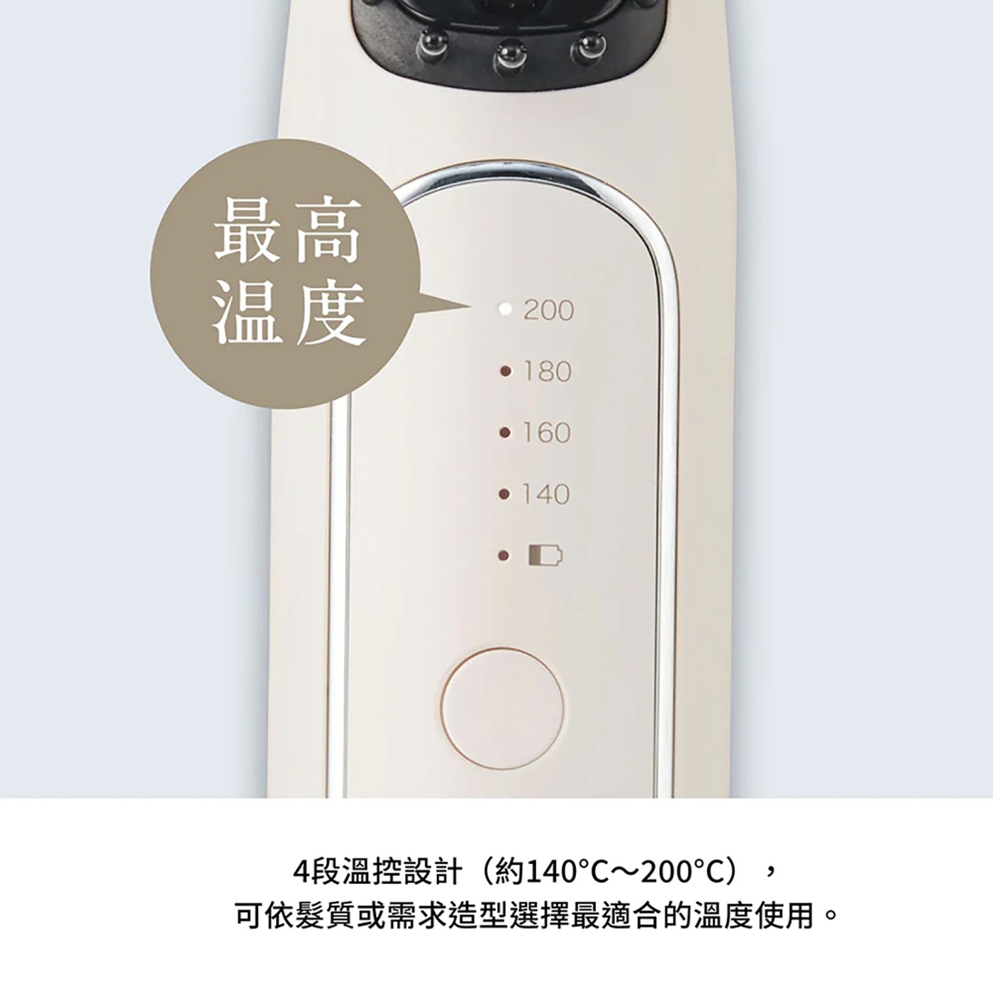 最高 温度 200 180 160 140 O 4段溫控設計約140C200C , 可依髮質或需求造型選擇最適合的溫度使用