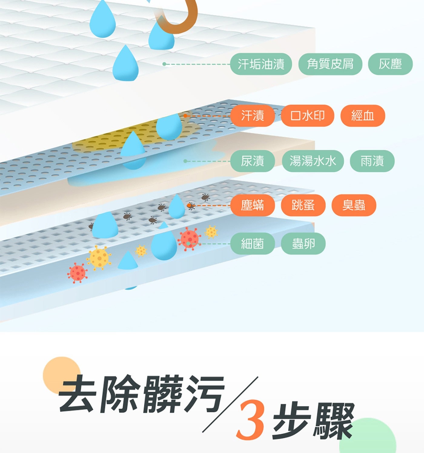 汗垢油漬 角質皮屑 灰塵 汗漬 口水印 經血 尿漬 湯湯水水 雨漬 塵蟎 跳蚤 臭蟲 細菌 蟲卵 去除髒污/ 3步驟