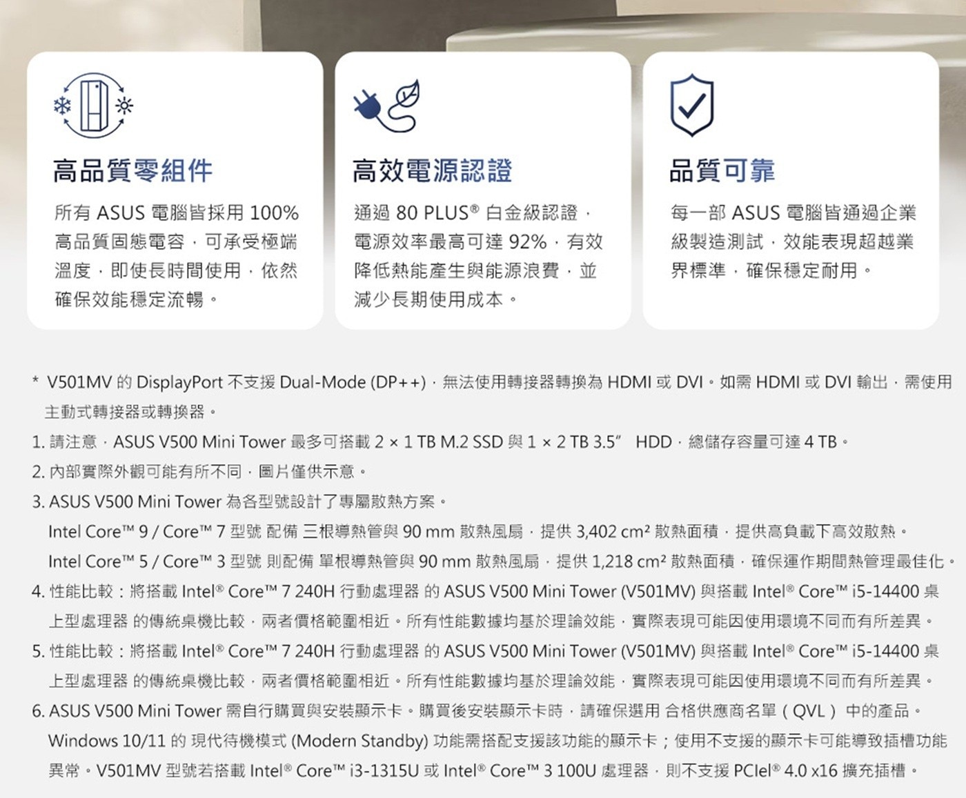 高品質零組件 所有 ASUS 電腦皆採用100 高品質固態電容,可承受極端 溫度,即使長時間使用,依然 確保效能穩定流暢。