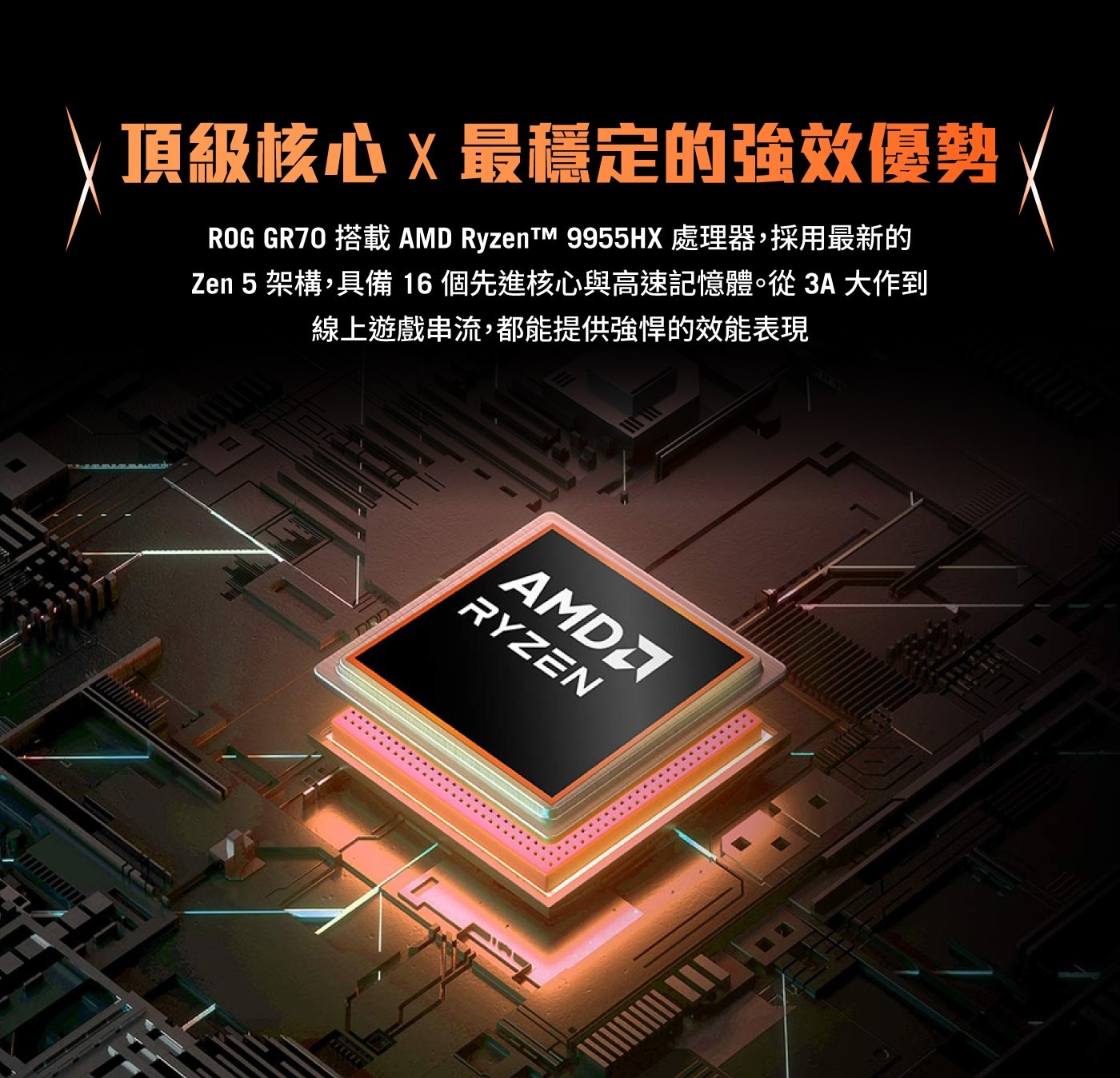 頂級核心X最穩定的強效優勢 ROG GR70 搭載 AMD RyzentTHX 處理器,採用最新的 Zen 架構,具備16個先進核心與高速記憶體。