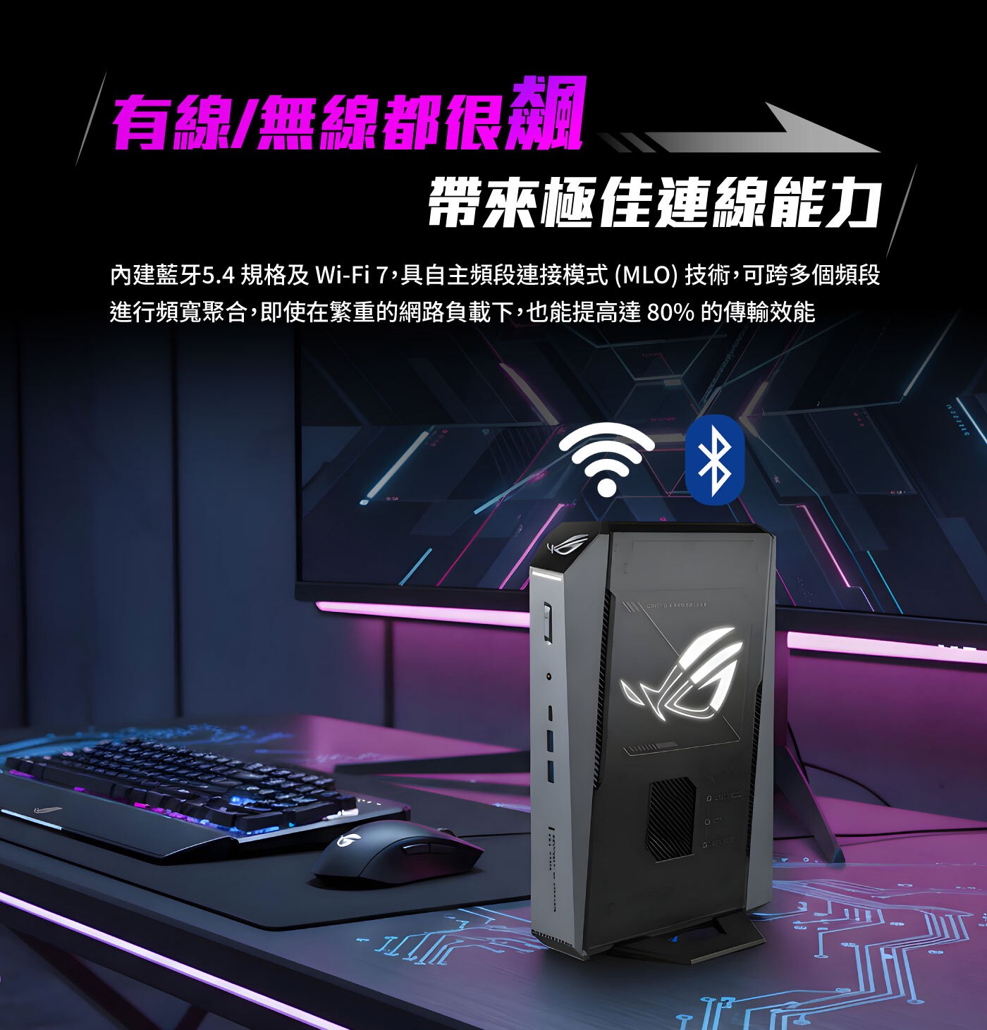 有線/無線都很飆 帶來極佳連線能力 內建藍牙5.4 規格及 7,具自主頻段連接模式 MLO 技術,可跨多個頻段 進行頻寬聚合,即使在繁重的網路負載下,也能提高達80 的傳輸效能