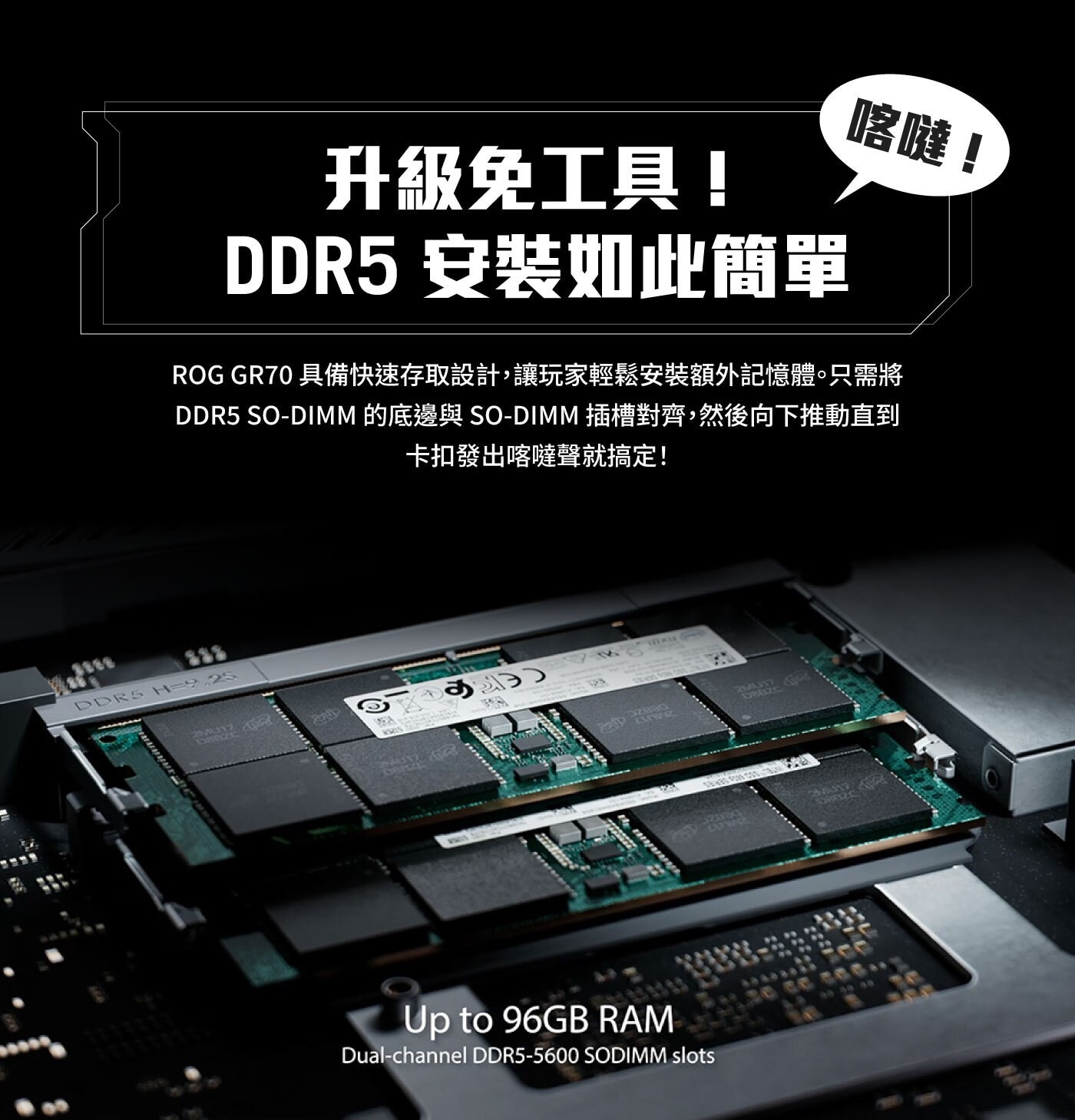 升級免工具! 安裝如此簡單 喀噠! ROG GR70 具備快速存取設計,讓玩家輕鬆安裝額外記憶體。只需將 的底邊與 插槽對齊,然後向下推動直到 卡扣發出喀噠聲就搞定!