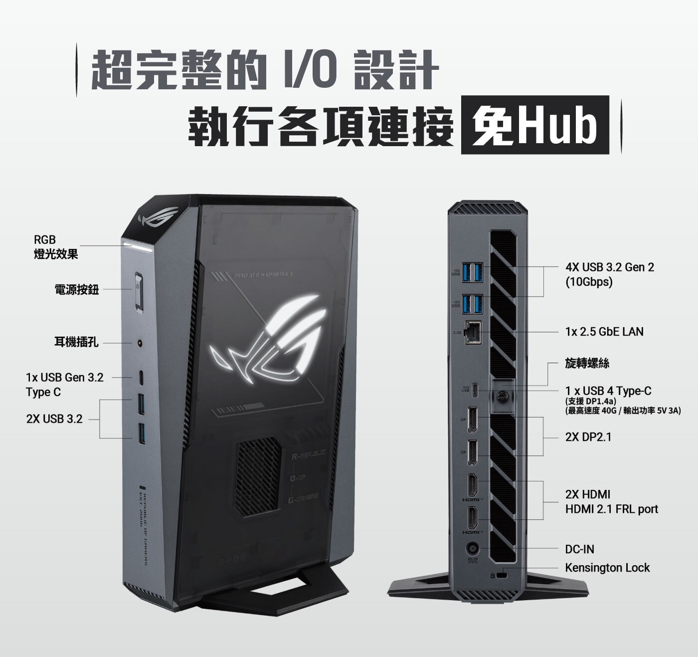 超完整的 設計 執行各項連接 免Hub RGB 燈光效果 電源按鈕 USH 耳機插孔 USB Gen Type REPUBLIC OF GAMERS GbE LAN 旋轉螺絲 支援DP1.