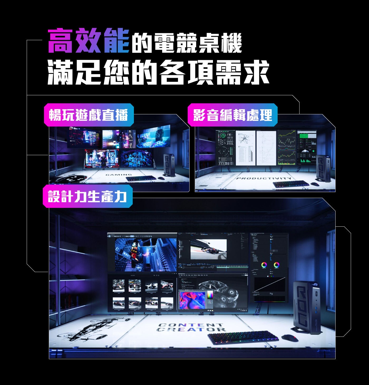 高效能的電競桌機 滿足您的各項需求 暢玩遊戲直播 影音編輯處理 GAMING 設計力生產力 CONTENT CREATOR PRODUCTIVITY