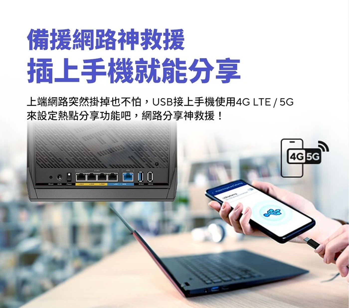 備援網路神救援 插上手機就能分享 上端網路突然掛掉也不怕,USB接上手機使用4G 來設定熱點分享功能吧,網路分享神救援! 4G 5G