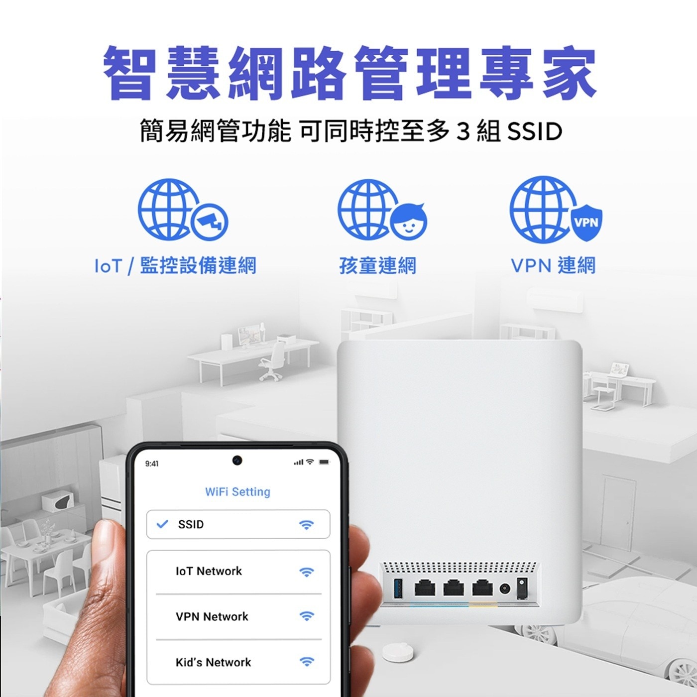 智慧網路管理專家 簡易網管功能 可同時控至多3組 SSID VPN IoT/監控設備連網 孩童連網 連網 WiFi Setting loT Network Kids