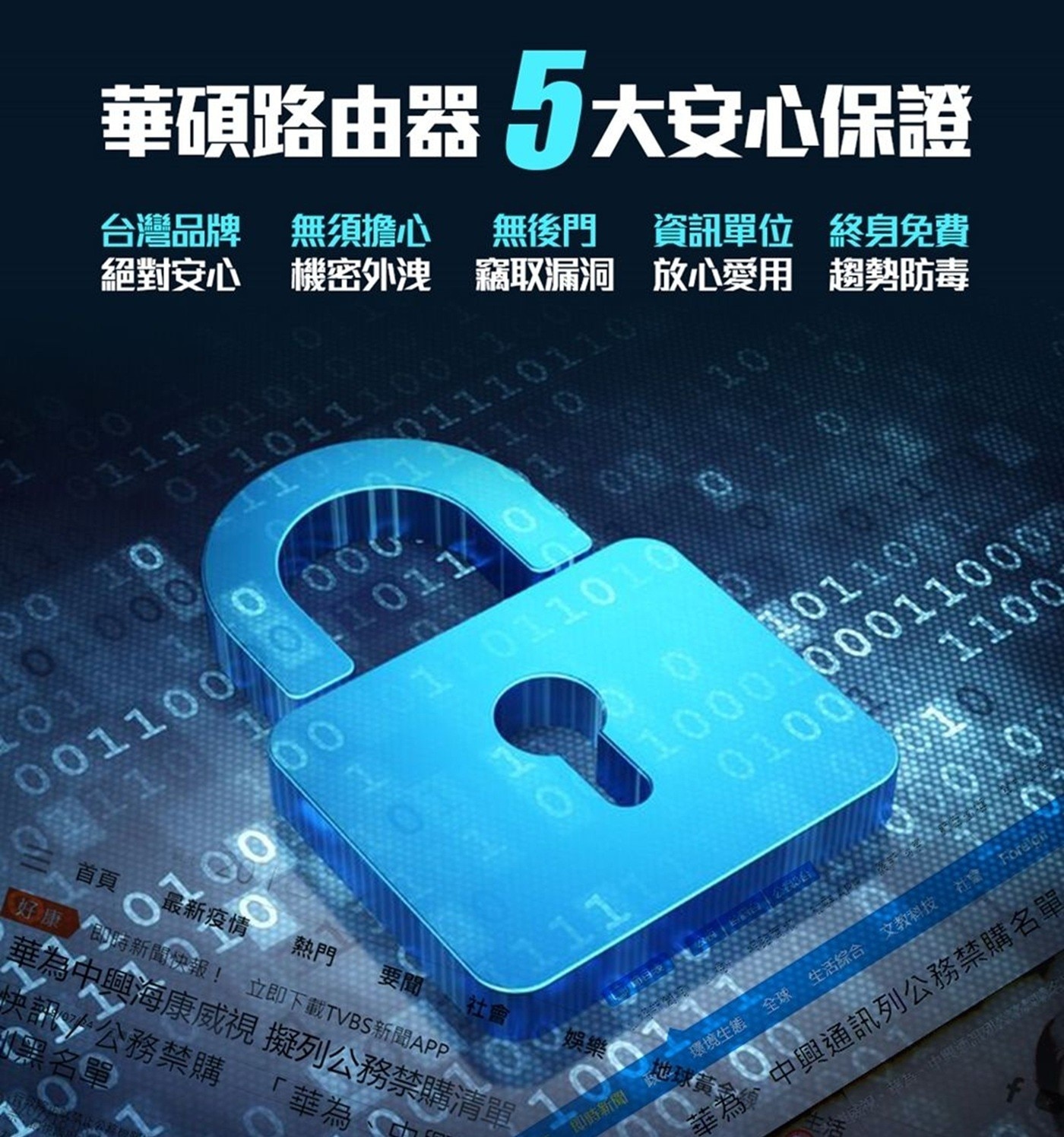 台灣品牌 無須擔心 絕對安心 機密外洩 華碩路由器 5大安心保證 無後門 資訊單位 終身免費 竊取漏洞 放心愛用 趨勢防毒 首頁 最新疫情 熱門 要聞 社會 好康即時新聞快報!