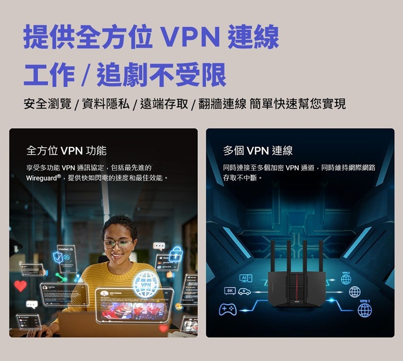 提供全方位 VPN 連線 工作 追劇不受限 安全瀏覽/資料隱私/遠端存取/翻牆連線簡單快速幫您實現 全方位 功能 多個 享受多功能 VPN通訊協定,包括最先進的 Wireguard®...