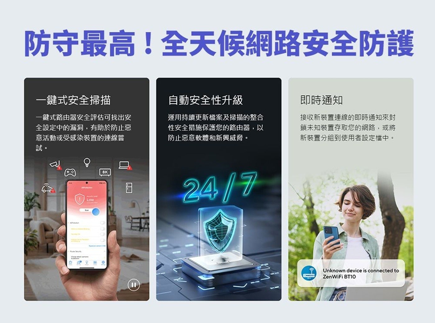 防守最高!全天候網路安全防護 一鍵式安全掃描 自動安全性升級 一鍵式路由器安全評估可找出安 全設定中的漏洞,有助於防止惡 意活動或受感染裝置的連線嘗 試。