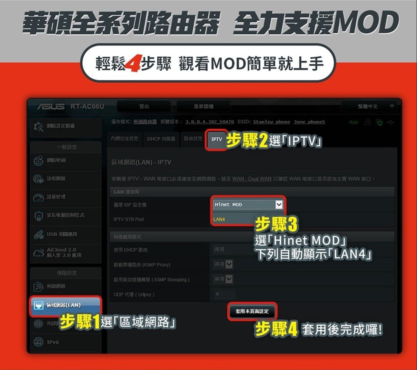 華碩全系列路由器 全力支援MOD 輕鬆4步驟 觀看MOD簡單就上手 ASUS 登出 重新開機 繁體中文 運作模式:無線路由器 韌體版本:3.0.0.4.