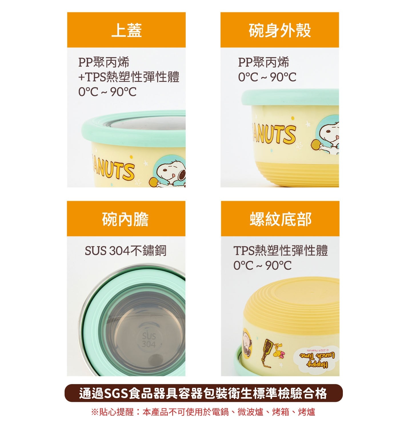 上蓋 PP聚丙烯 +TPS熱塑性彈性體 0°C90°C 碗身外殼 ANUTS 碗內膽 SUS