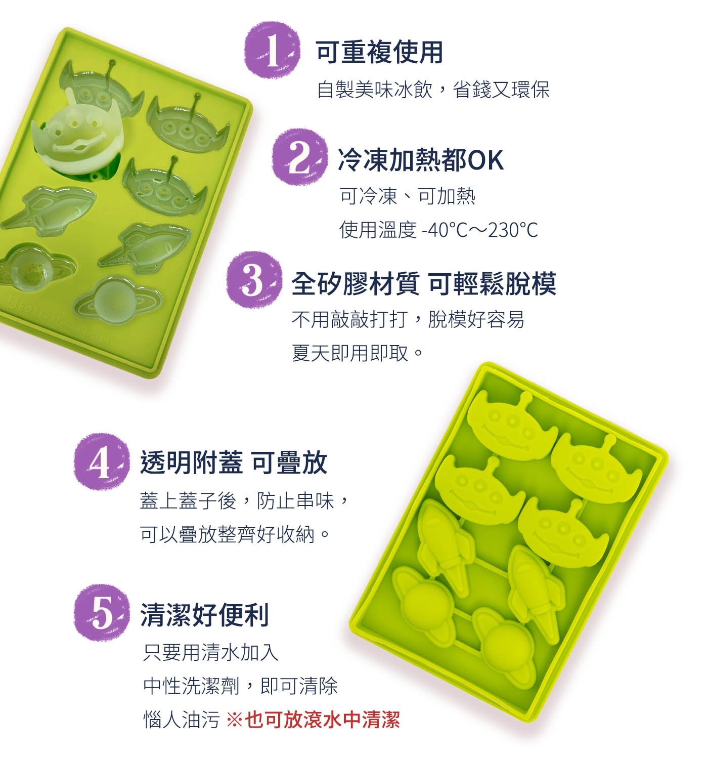 1 可重複使用 自製美味冰飲,省錢又環保 2 冷凍加熱都OK 可冷凍、可加熱 使用溫度