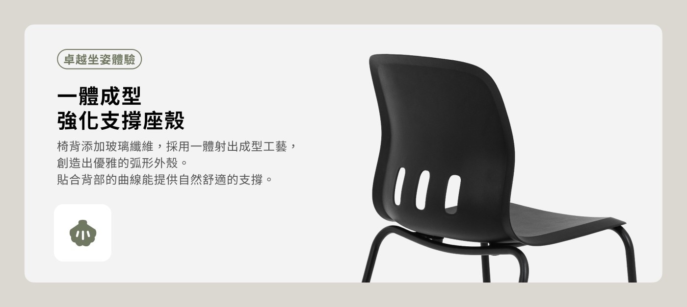 卓越坐姿體驗 一體成型 強化支撐座殼 椅背添加玻璃纖維,採用一體射出成型工藝, 創造出優雅的弧形外殼。 貼合背部的曲線能提供自然舒適的支撐。