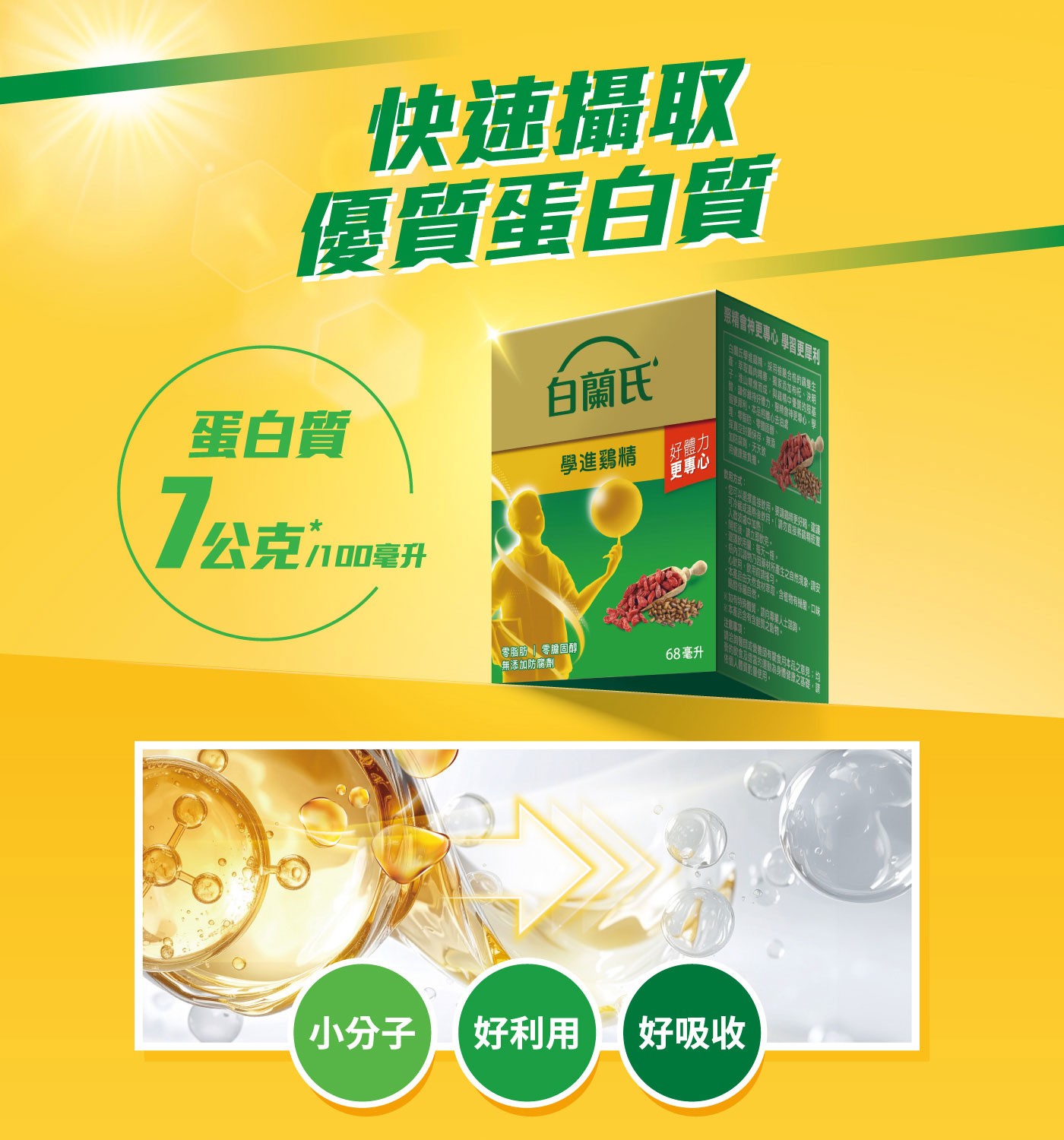 快速攝取 優質蛋白質 聚精會神更專心 學習更犀利 白果氏學進期間,採用被離合格的職學生 本品經期心去白醬 保真空封蓋保存,無添 加防腐劑...