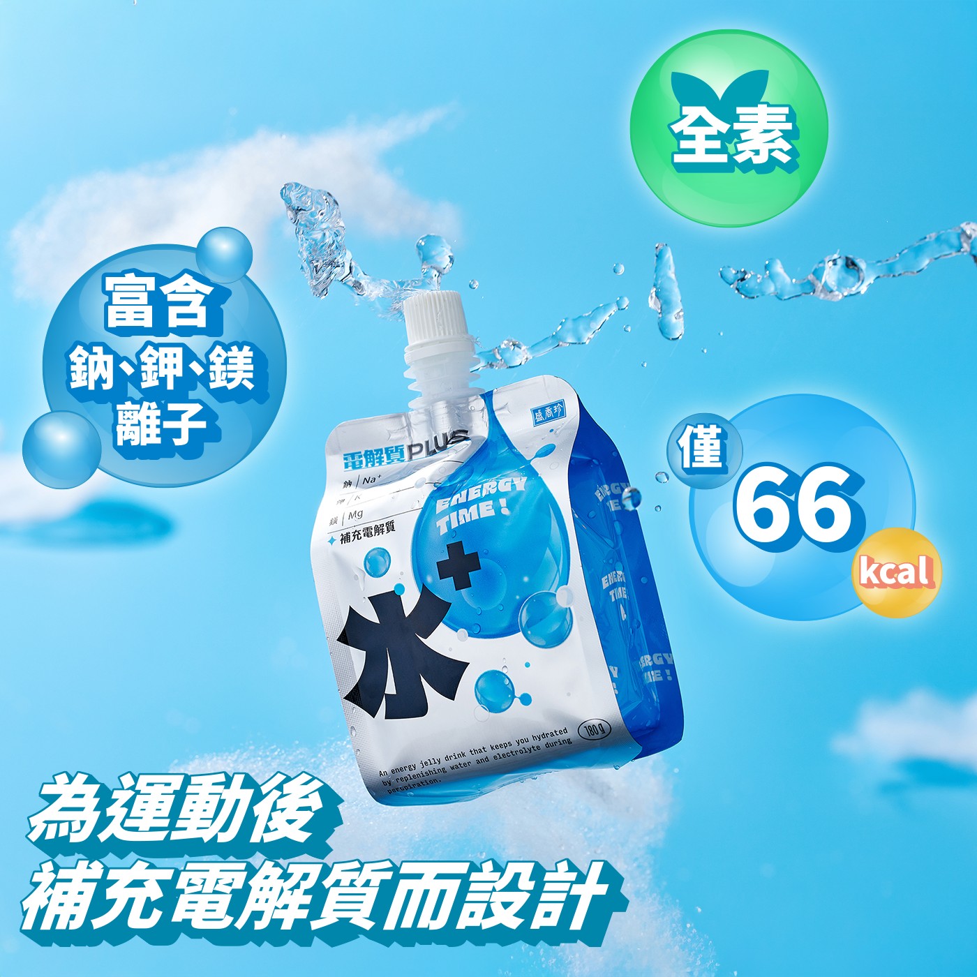 富含鈉、鉀、鎂離子 電解質PLUS 補充電解質 為運動後補充電解質而設計