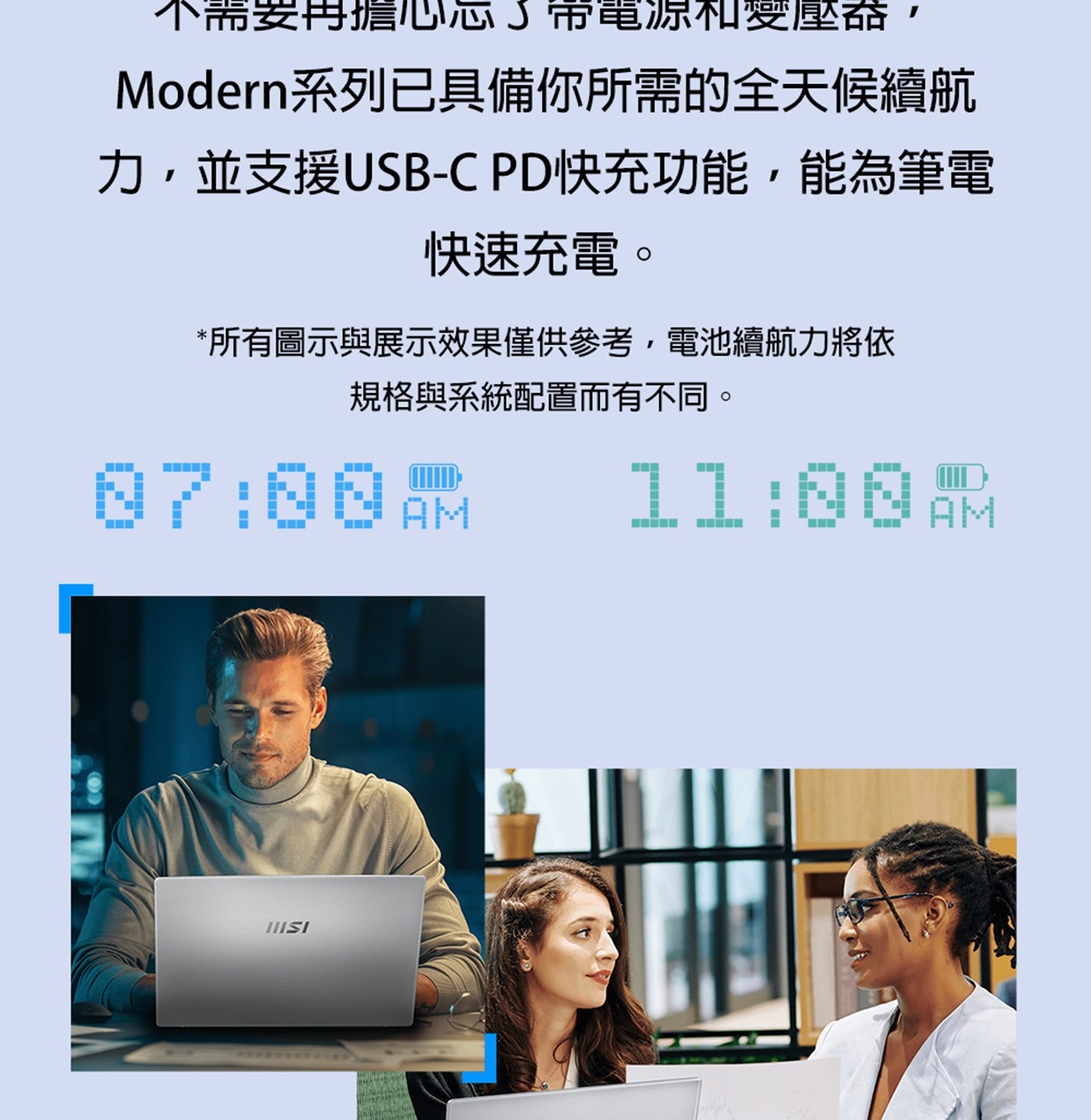 需要再擔心心了帶電源和受壓奅, Modern系列已具備你所需的全天候續航 力,並支援USB-C