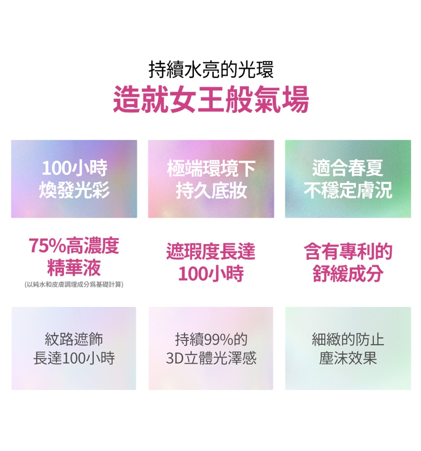 持續水亮的光環 造就女王般氣場 適合春夏 100小時 極端環境下 煥發光彩 持久底妝 不穩定膚況 75高濃度 遮瑕度長達 精華液 含有專利的 舒緩成分 以純水和皮膚調理成分爲基礎計算 紋路遮飾...
