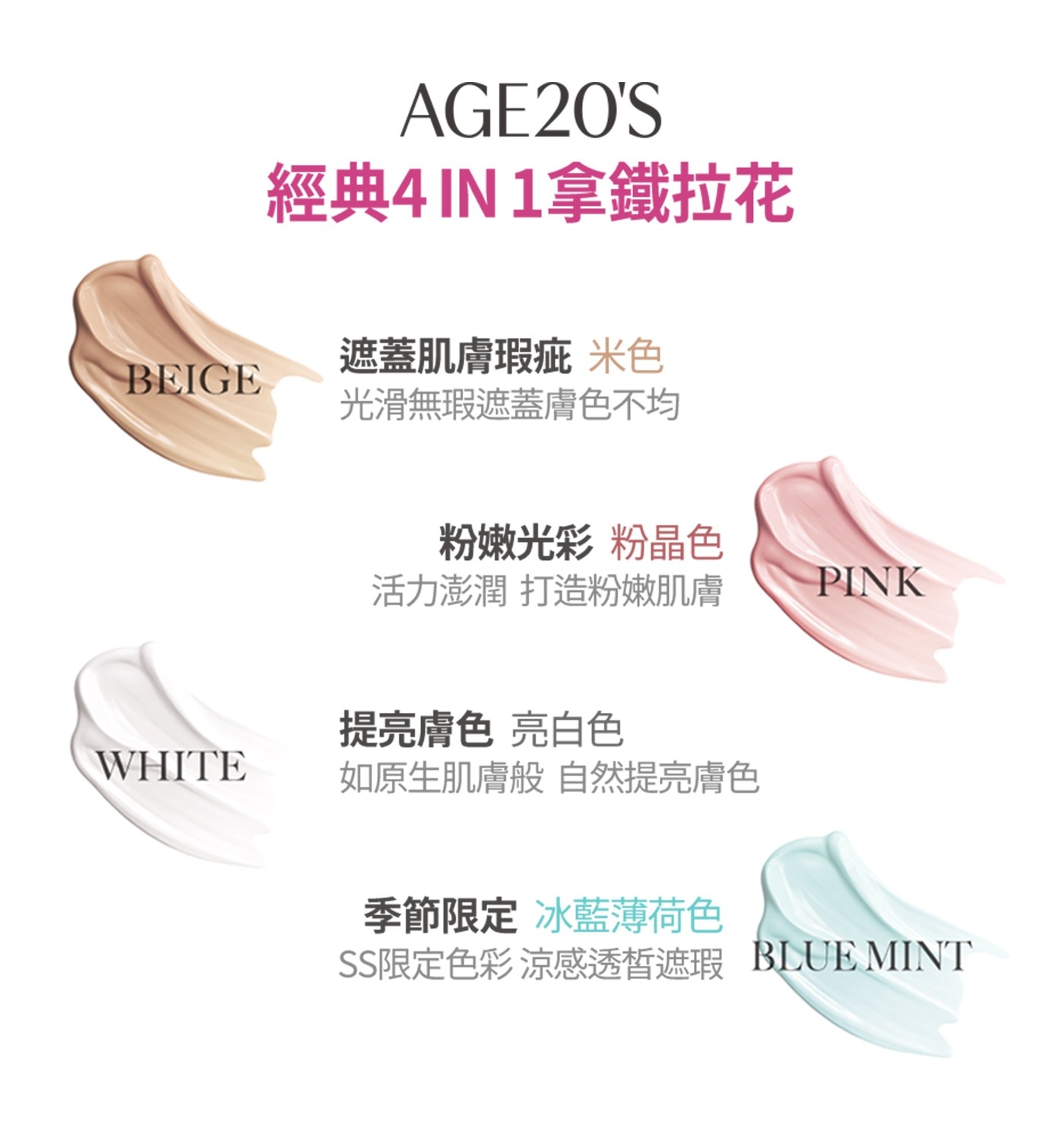經典4 IN 1拿鐵拉花 遮蓋肌膚瑕疵 米色 BEIGE 光滑無瑕遮蓋膚色不均 粉嫩光彩 粉晶色 活力澎潤 打造粉嫩肌膚 PINK 提亮膚色 亮白色 WHITE 如原生肌膚般 自然提亮膚色 季節限定...