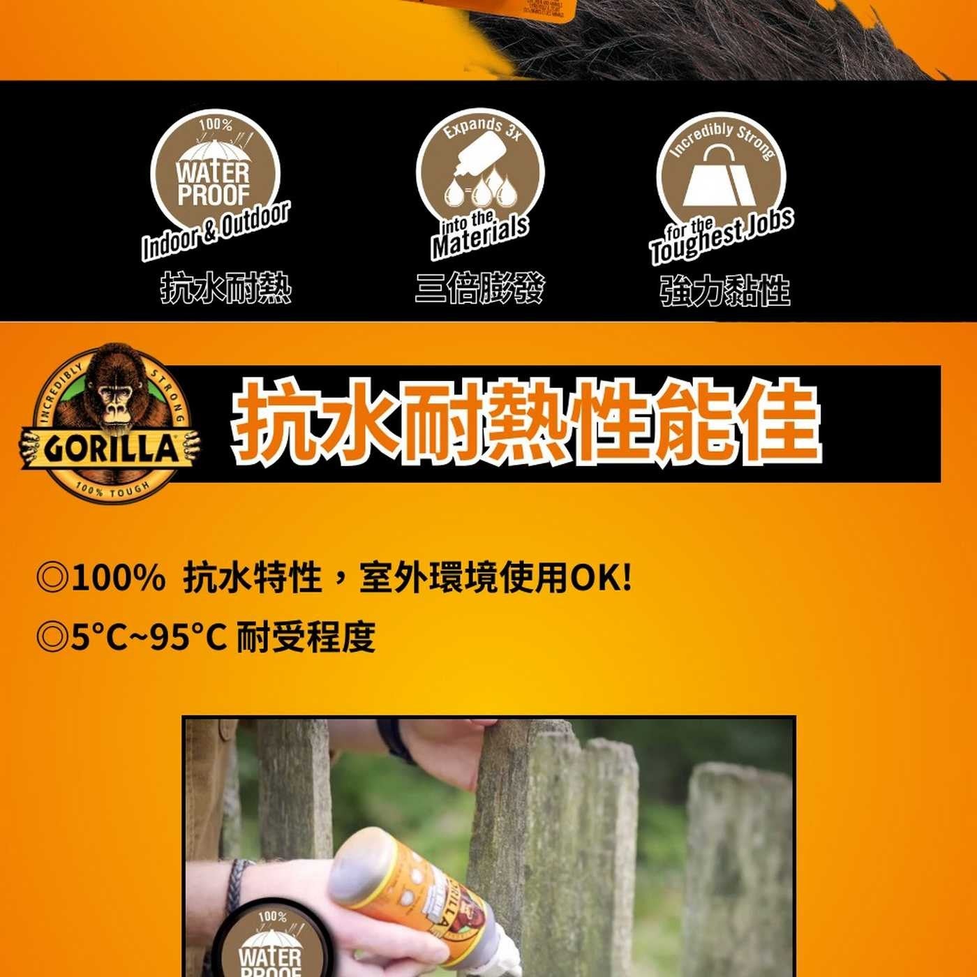 INCREDIBLY 100 WATER PROOF Indoor Outdoor Expands into the 3x Materials 抗水耐熱 三倍膨發 STRONG GORILLA