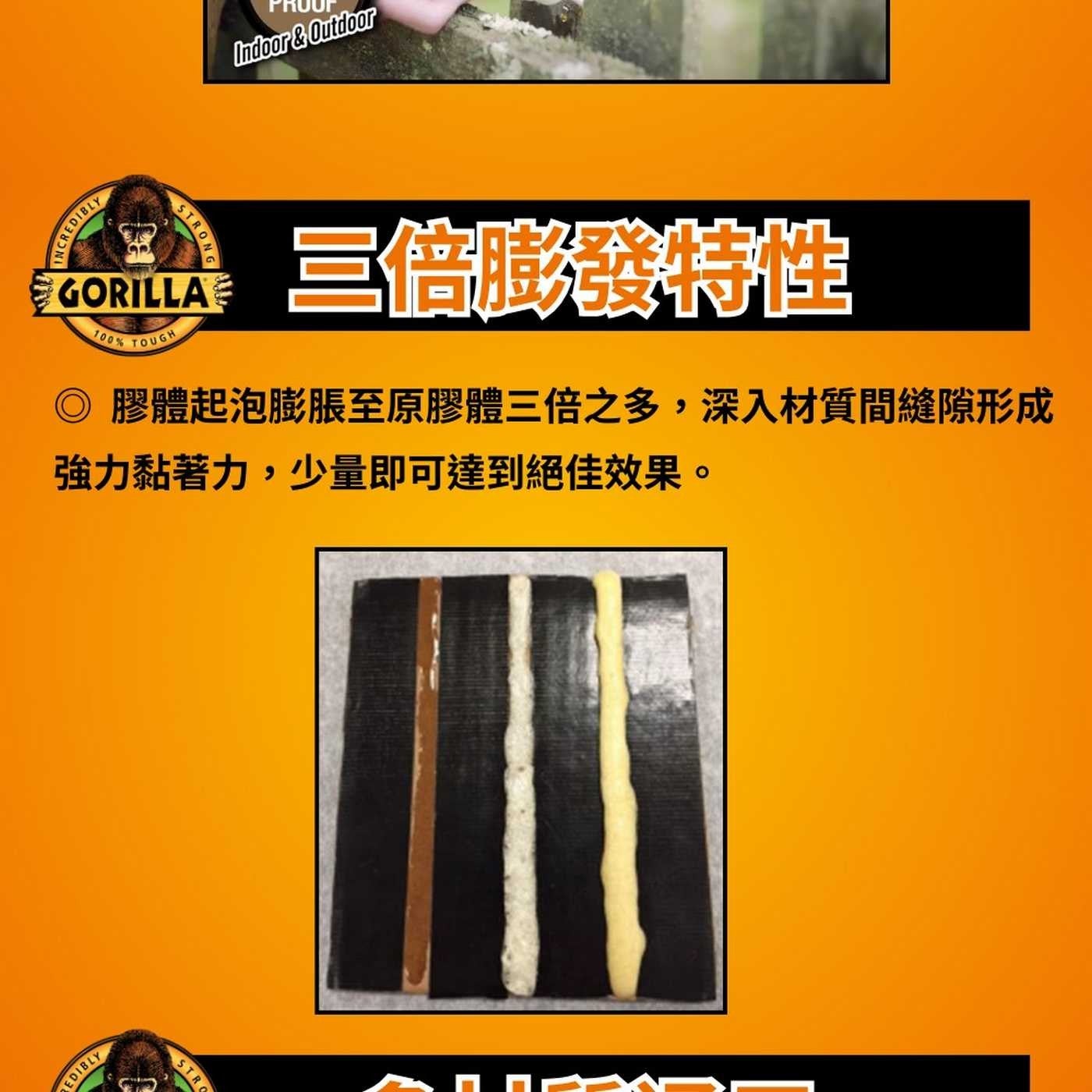 Indoor Outdoor INCREDIBLY STRONG GORILLA 100 TOUGH 三倍膨特性 ◎ 膠體起泡膨脹至原膠體三倍之多,深入材質間縫隙形成
