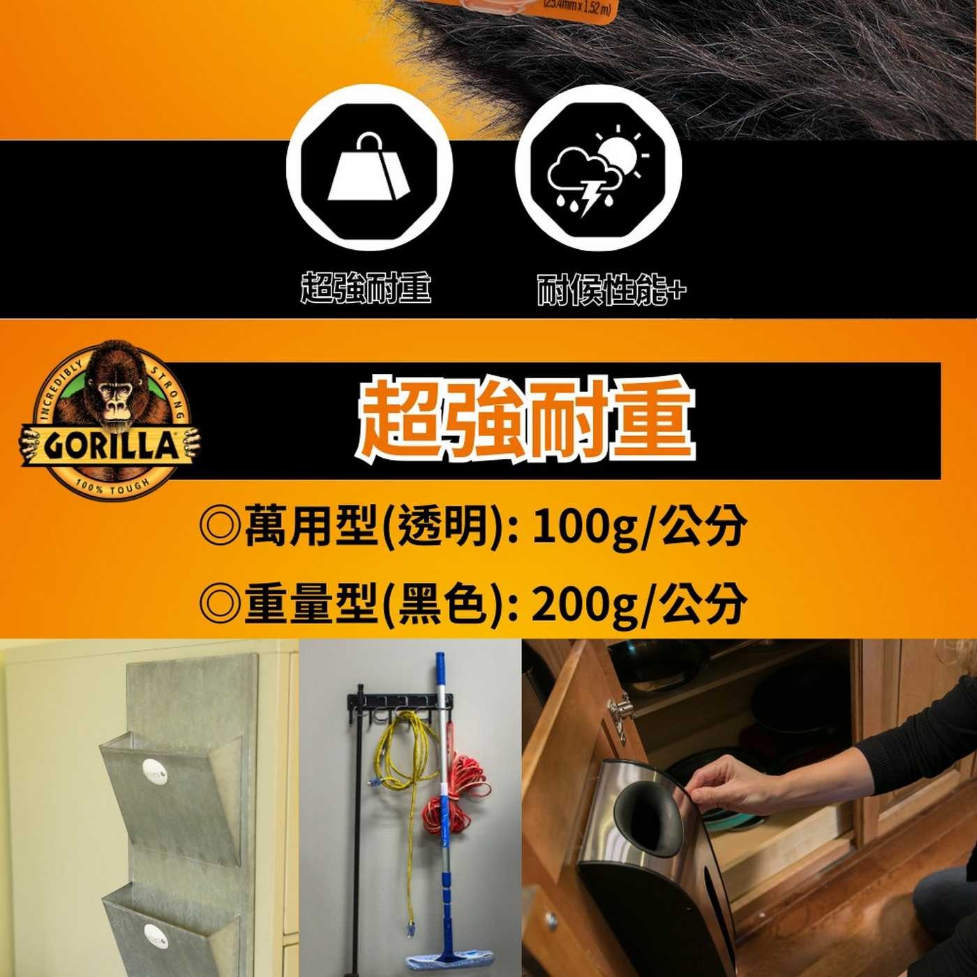 123.4mmx1.52 m 超強耐重 耐候性能+ INCREDIBLY STRON 6 GORILLA 100 TOUGH ◎萬用型透明:100g/公分 ◎重量型黑色:200g/公分