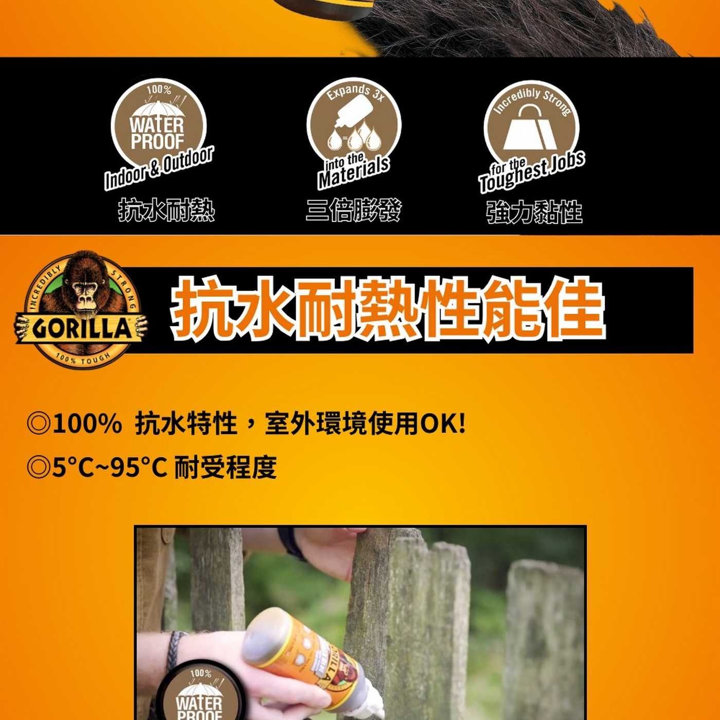 INCREDIBLY 100 WATER PROOF Expands 3x Indoor Outdoor into the Materials 抗水耐熱 三倍膨發 STRONG GORILLA