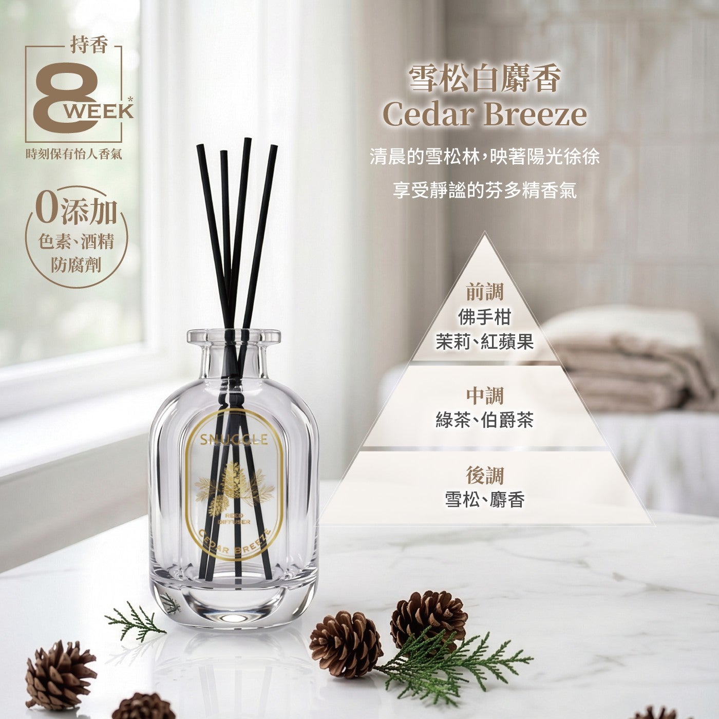 持香 WEEK 時刻保有怡人香氣 0 添加, 色素酒精 防腐劑 雪松白麝香 Cedar Breeze 清晨的雪松林...