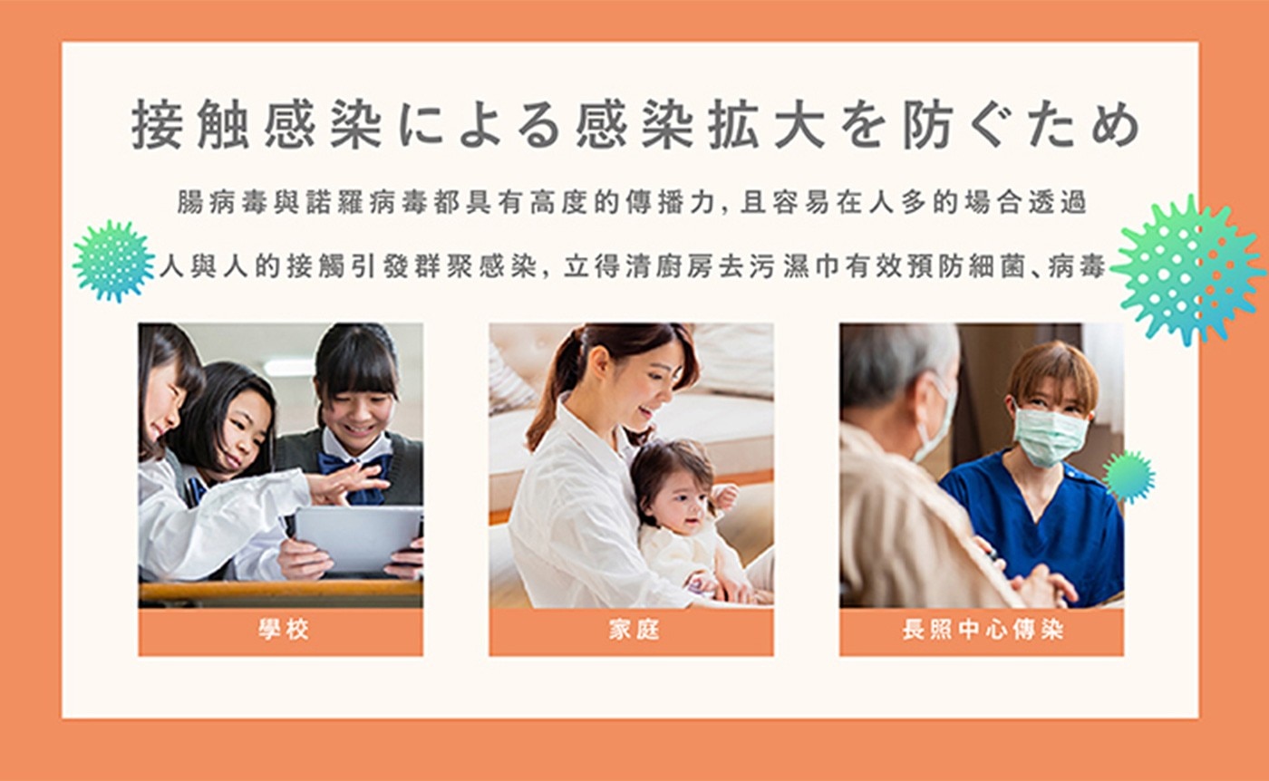 接触感染による感染拡大を防ぐため 腸病毒與諾羅病毒都具有高度的傳播力,且容易在人多的場合透過