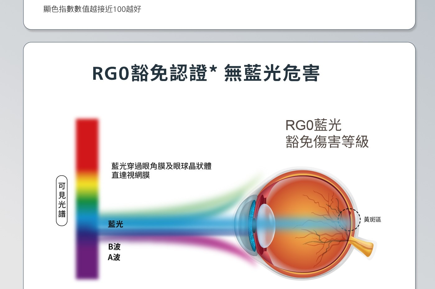 顯色指數數值越接近100越好 RGO豁免認證無藍光危害 藍光穿過眼角膜及眼球晶狀體 直達視網膜 RG0藍光 豁免傷害等級 可見光譜 藍光 B波 A波 黃斑區