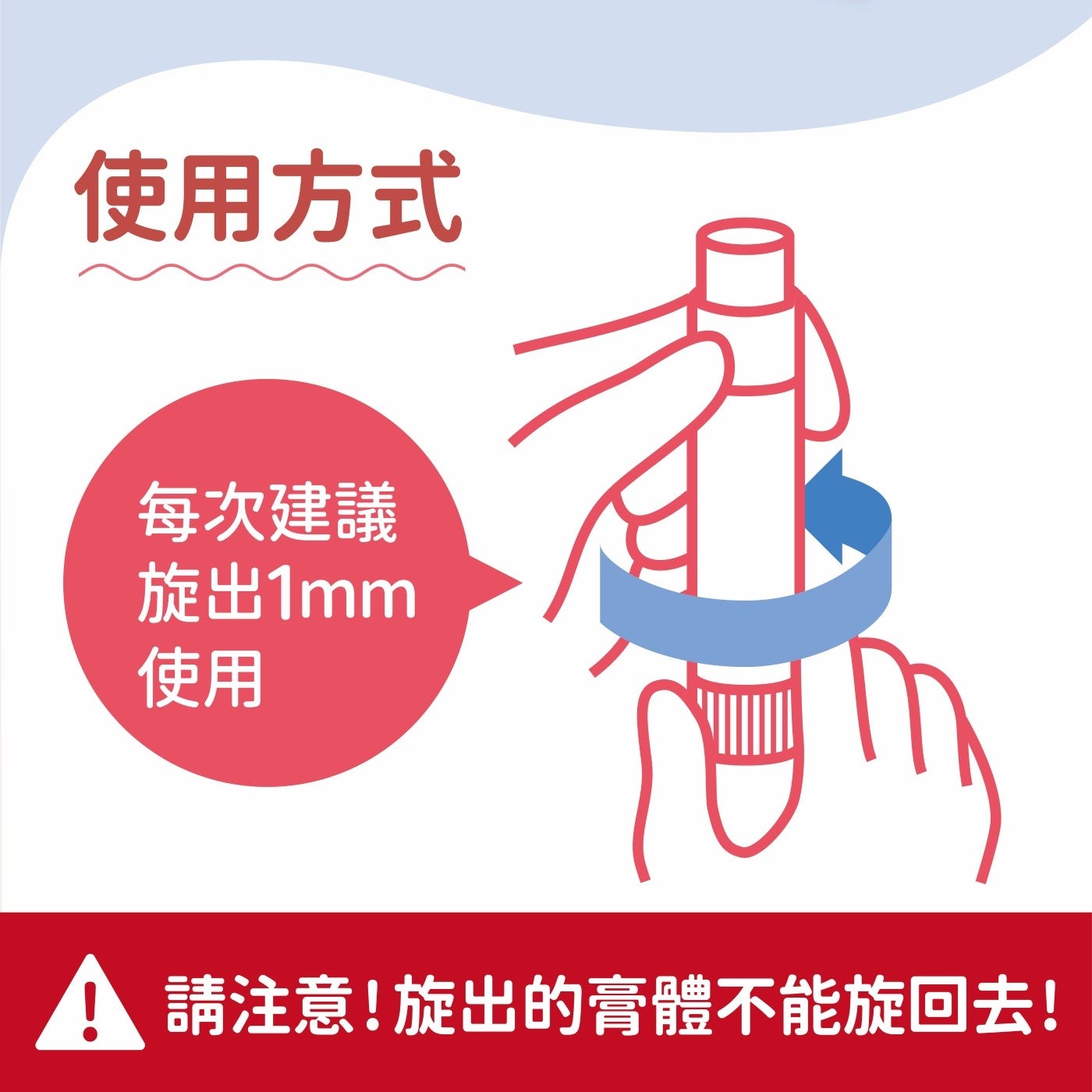 使用方式每次建議旋出 x1mm 使用 A 請注意!旋出的膏體不能旋回去!