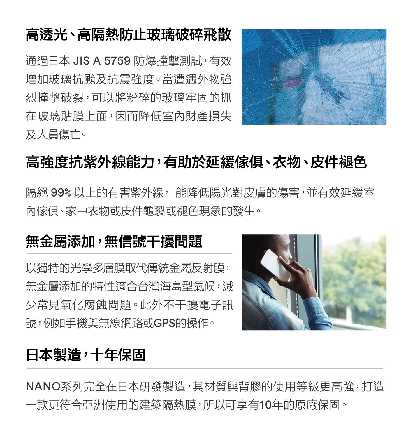 高透光、高隔熱防止玻璃破碎飛散 通過日本 JIS 防爆撞擊測試,有效 增加玻璃抗颱及抗震強度。當遭遇外物強 烈撞擊破裂,可以將粉碎的玻璃牢固的抓 在玻璃貼膜上面,因而降低室內財產損失 及人員傷亡。