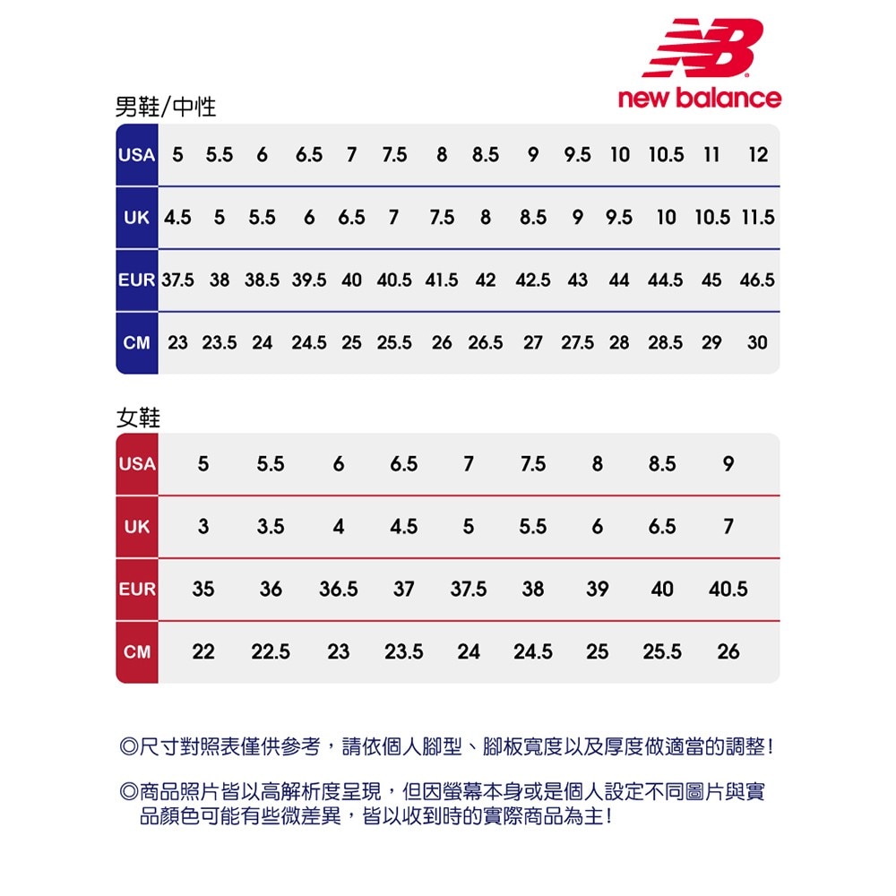 男鞋/中性 BBK new balance USA UK 女鞋 EUR CM ◎尺寸對照表僅供參考,請依個人腳型、腳板寬度以及厚度做適當的調整!