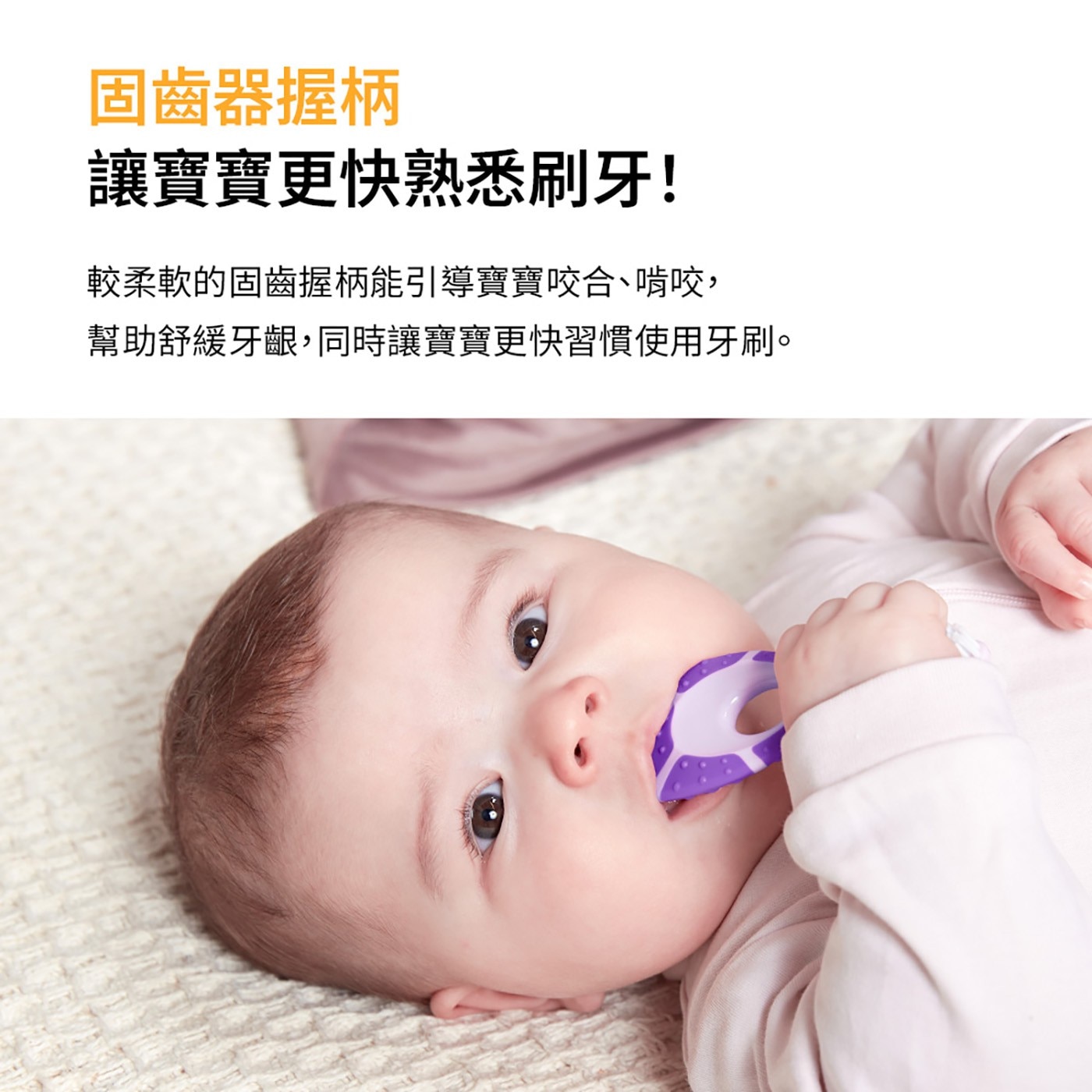 固齒器握柄 讓寶寶更快熟悉刷牙! 較柔軟的固齒握柄能引導寶寶咬合、啃咬, 幫助舒緩牙齦,同時讓寶寶更快習慣使用牙刷。