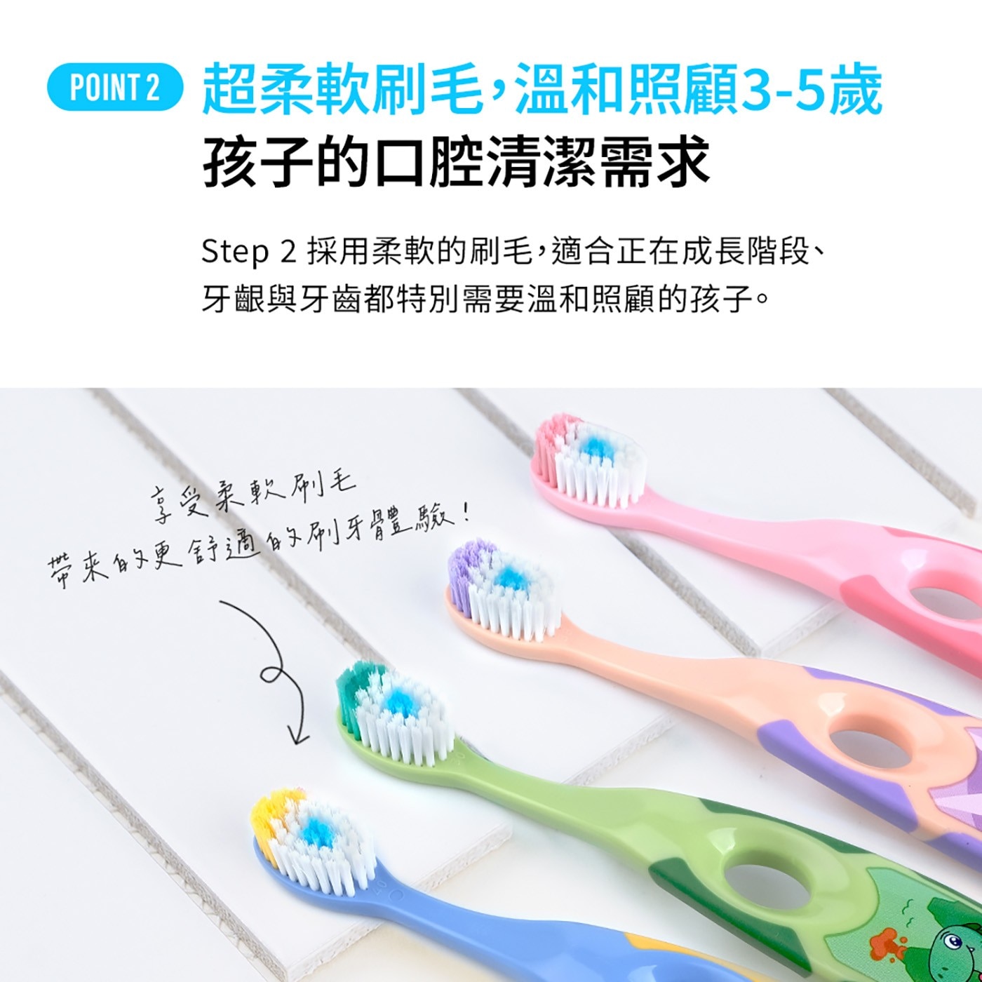 POINT 超柔軟刷毛,溫和照顧3-5歲 孩子的口腔清潔需求 Step 採用柔軟的刷毛,適合正在成長階段、 牙齦與牙齒都特別需要溫和照顧的孩子。 享受柔軟刷毛 帶來的更舒適的刷牙體驗!