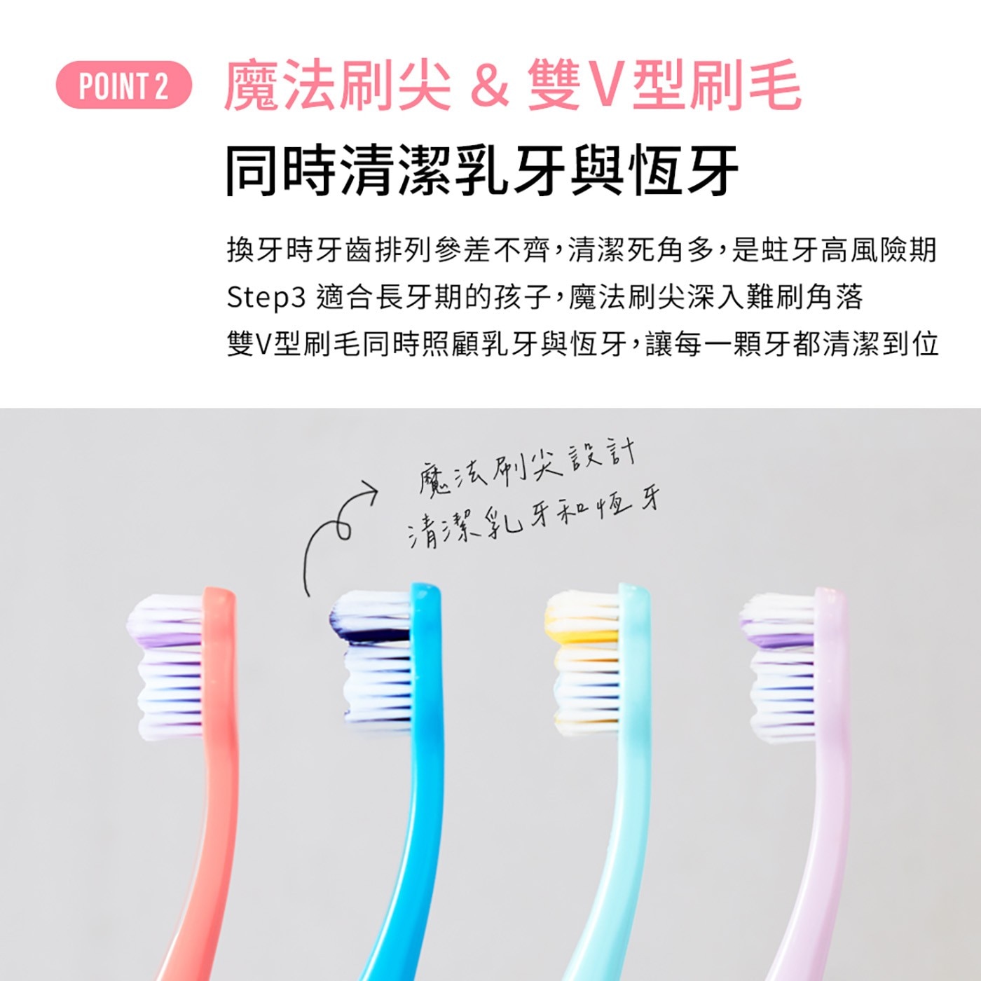 POINT 魔法刷尖雙V型刷毛 同時清潔乳牙與恆牙 換牙時牙齒排列參差不齊,清潔死角多,是蛀牙高風險期 適合長牙期的孩子,魔法刷尖深入難刷角落 雙V型刷毛同時照顧乳牙與恆牙...