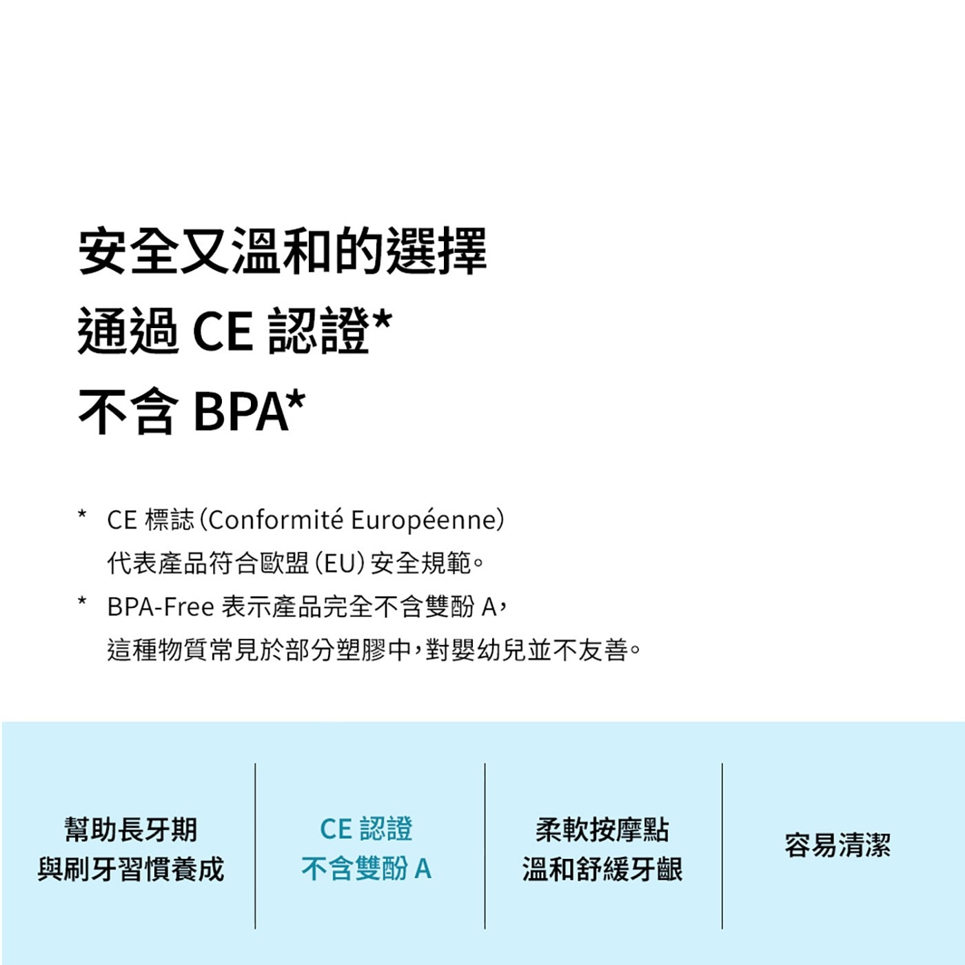 安全又溫和的選擇 通過CE認證 不含BPA CE 標誌 代表產品符合歐盟EU安全規範。 表示產品完全不含雙酚A, 這種物質常見於部分塑膠中,對嬰幼兒並不友善。