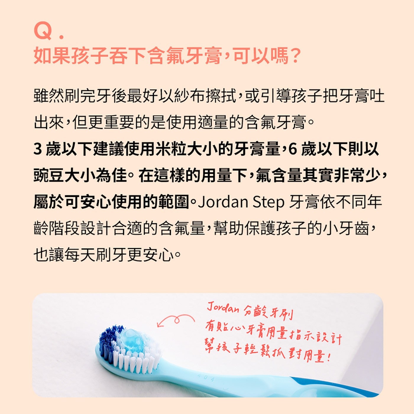 如果孩子吞下含氟牙膏,可以嗎? 雖然刷完牙後最好以紗布擦拭,或引導孩子把牙膏吐 出來,但更重要的是使用適量的含氟牙膏。 3歲以下建議使用米粒大小的牙膏量,6歲以下則以 豌豆大小為佳。
