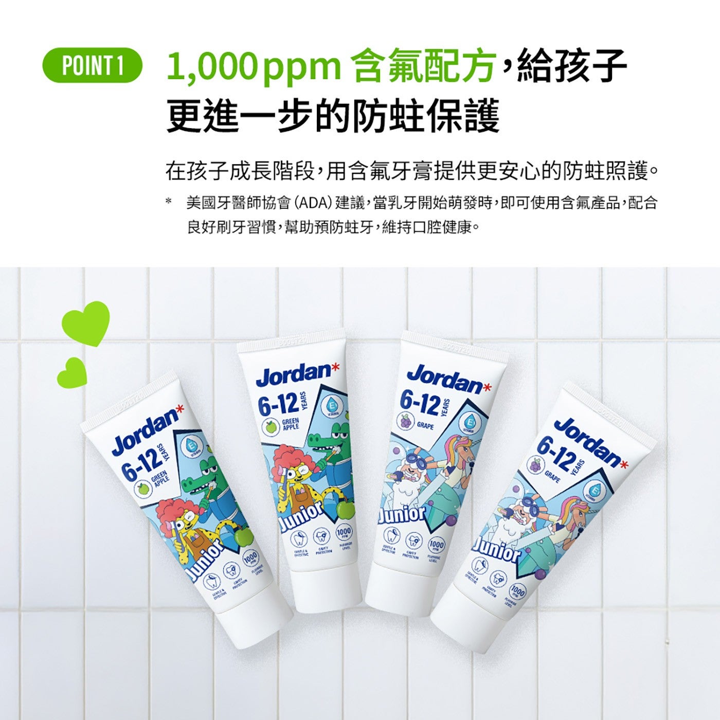 POINT 含氟配方,給孩子 更進1步的防蛀保護 在孩子成長階段,用含氟牙膏提供更安心的防蛀照護。