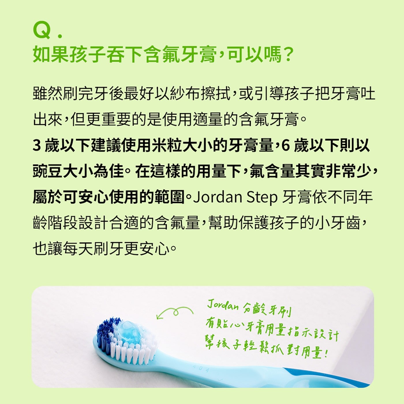 如果孩子吞下含氟牙膏,可以嗎? 雖然刷完牙後最好以紗布擦拭,或引導孩子把牙膏吐 出來,但更重要的是使用適量的含氟牙膏。 3歲以下建議使用米粒大小的牙膏量,6歲以下則以 豌豆大小為佳。