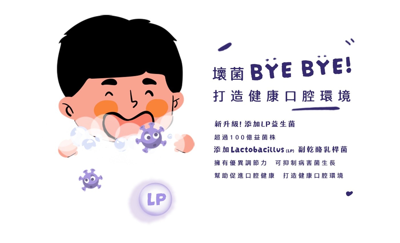 壞菌 BYE BYE! 打造健康口腔環境 新升級! 添加LP益生菌 超過100億益菌株 添加 Lactobacillus LP 副乾酪乳桿菌 擁有優異調節力 可抑制病害菌生長 幫助促進口腔健康 LP