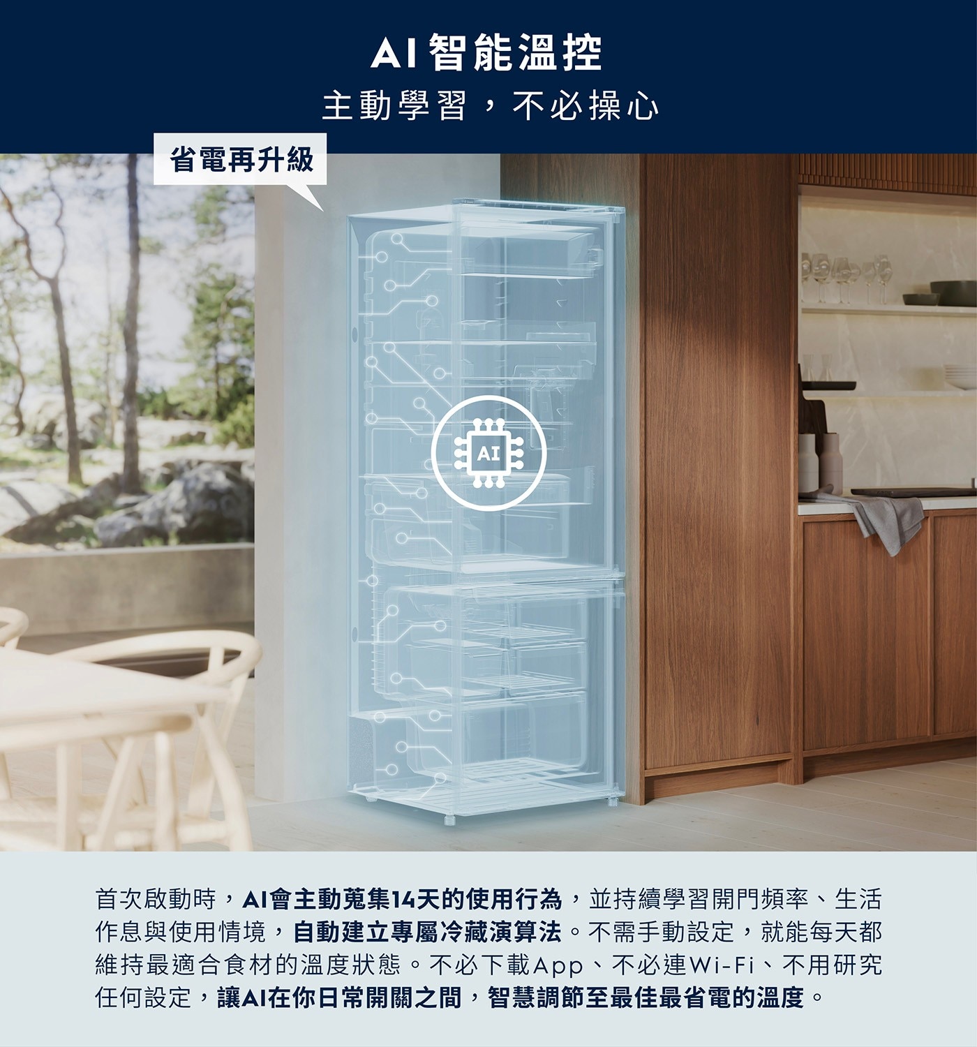 省電再升級 AI智能溫控 主動學習,不必操心 首次啟動時,AI會主動蒐集14天的使用行為,並持續學習開門頻率、生活 作息與使用情境,自動建立專屬冷藏演算法。