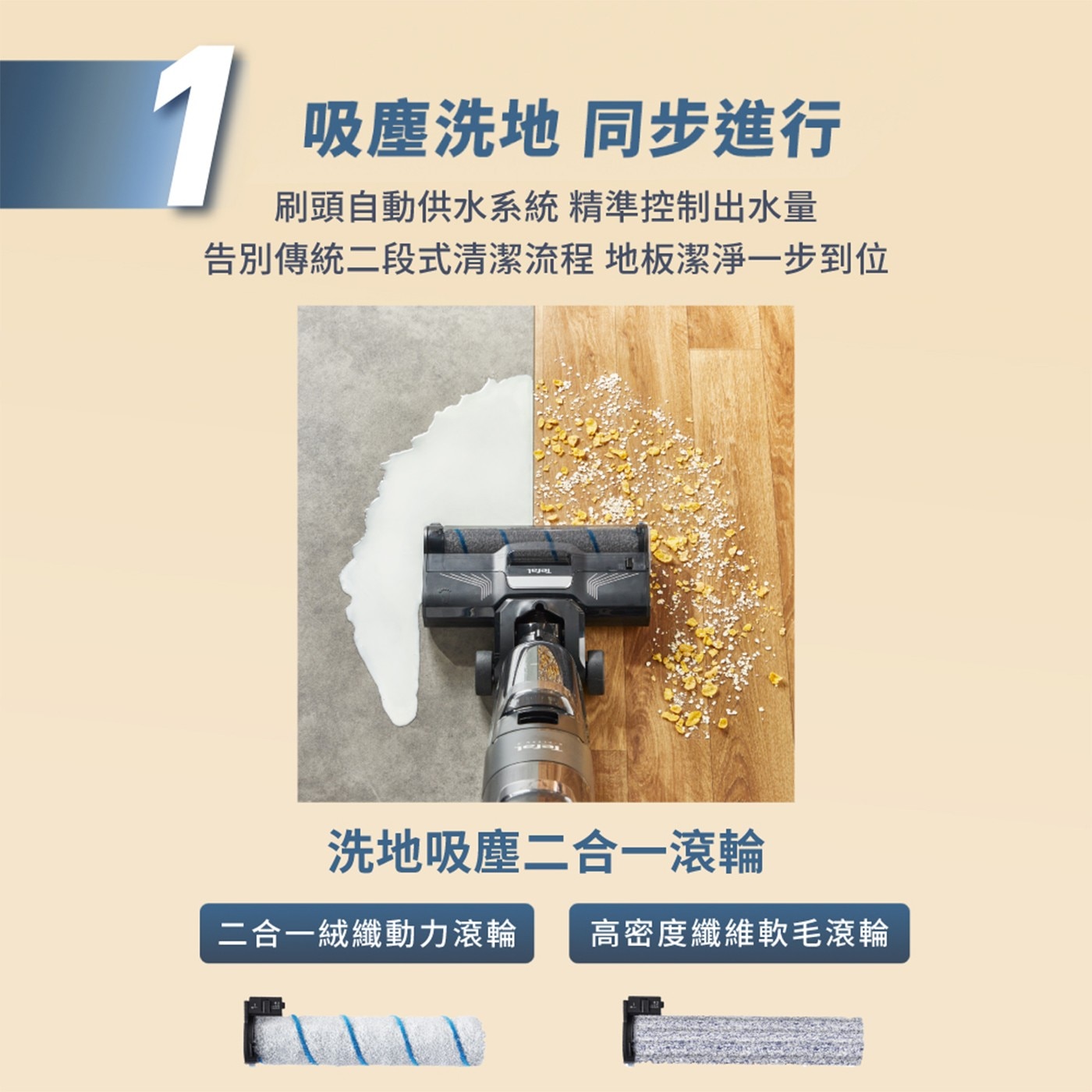吸塵洗地 同步進行 刷頭自動供水系統 精準控制出水量 告別傳統二段式清潔流程 地板潔淨一步到位 洗地吸塵二合一滾輪 二合一絨纖動力滾輪 高密度纖維軟毛滾輪