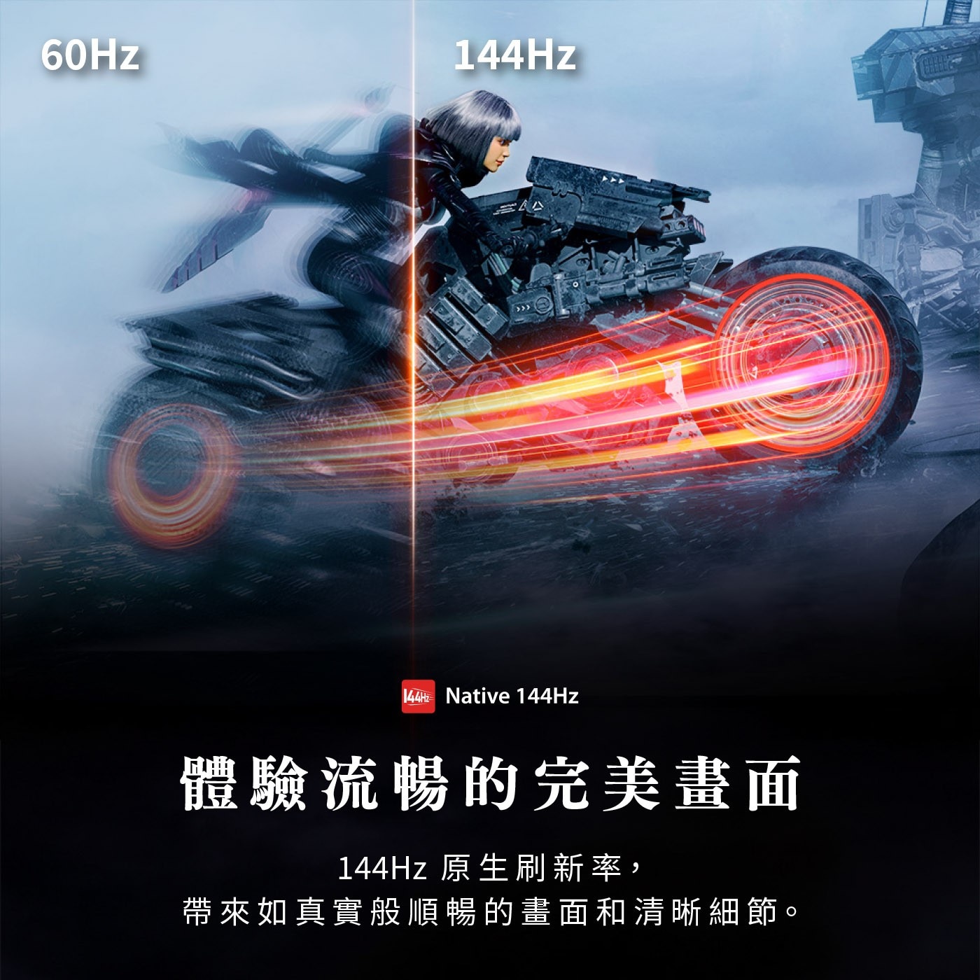60Hz 144Hz Native 體驗流暢的完美畫面 原生刷新率, 帶來如真實般順暢的畫面和清晰細節。