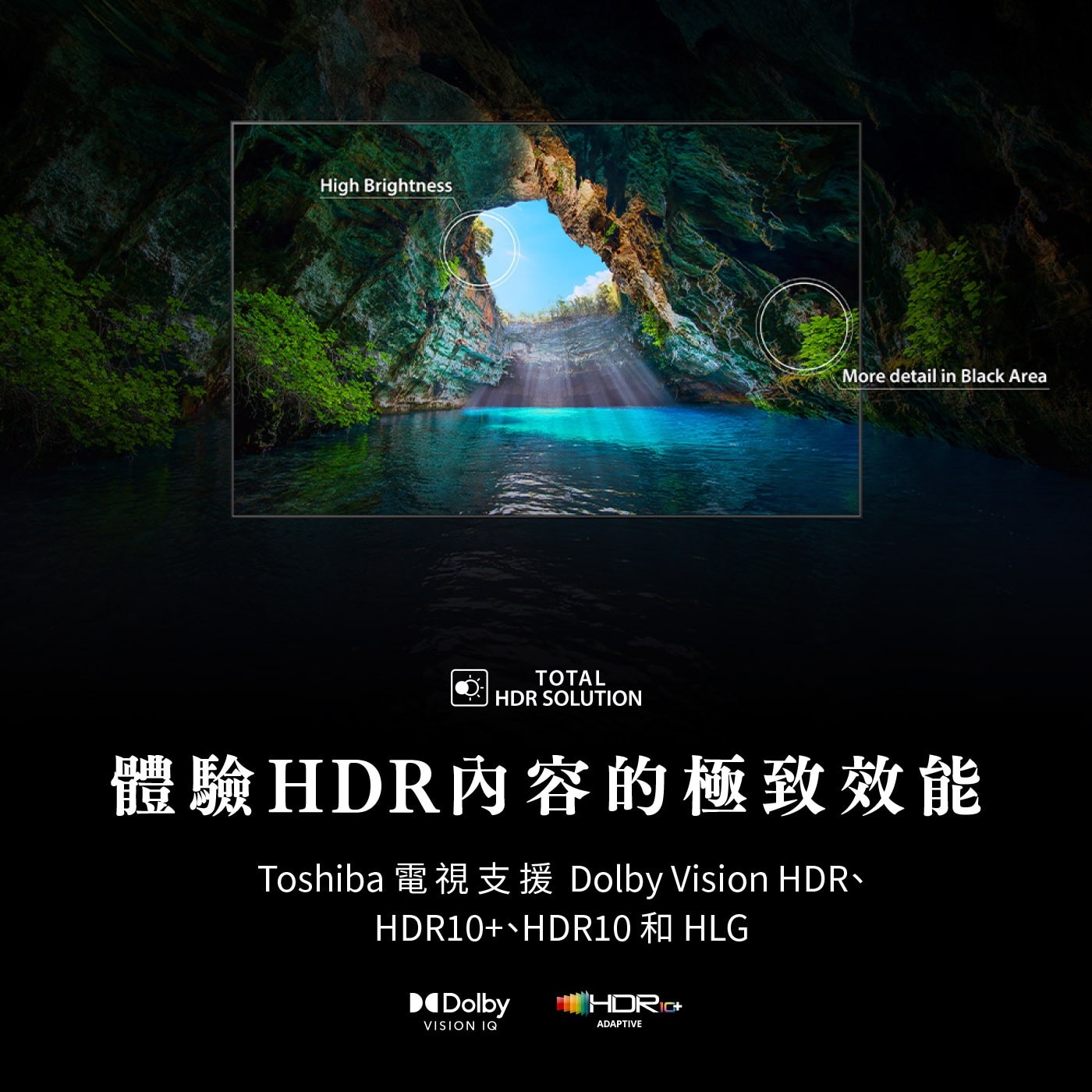 ...HDR SOLUTION 體驗HDR內容的極致效能 Toshiba Dolby Vision HDR10+ HDR10 Д HLG VISION IQ HDRIC ADAPTIVE