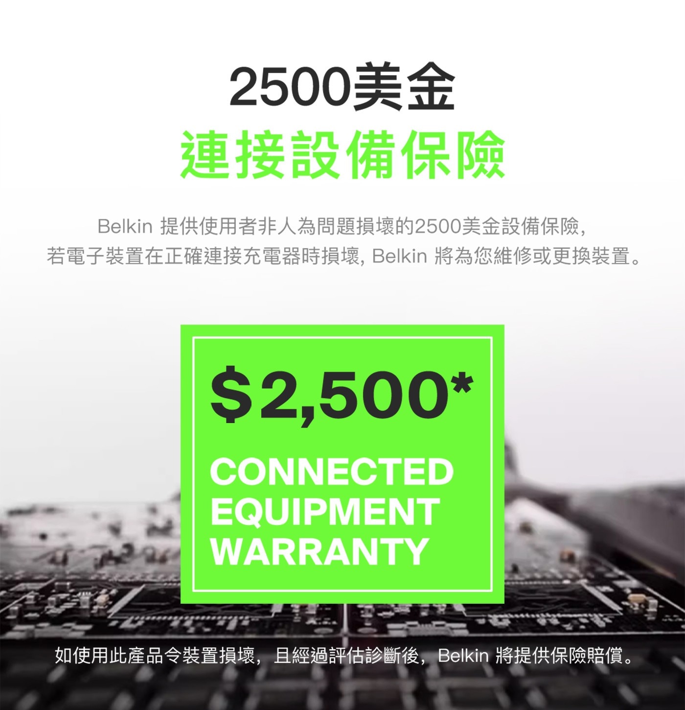 2500美金 連接設備保險 Belkin 提供使用者非人為問題損壞的...EQUIPMENT CM WARRANTY 如使用此產品令裝置損壞,且經過評估診斷後,Belkin 將提供保險賠償。