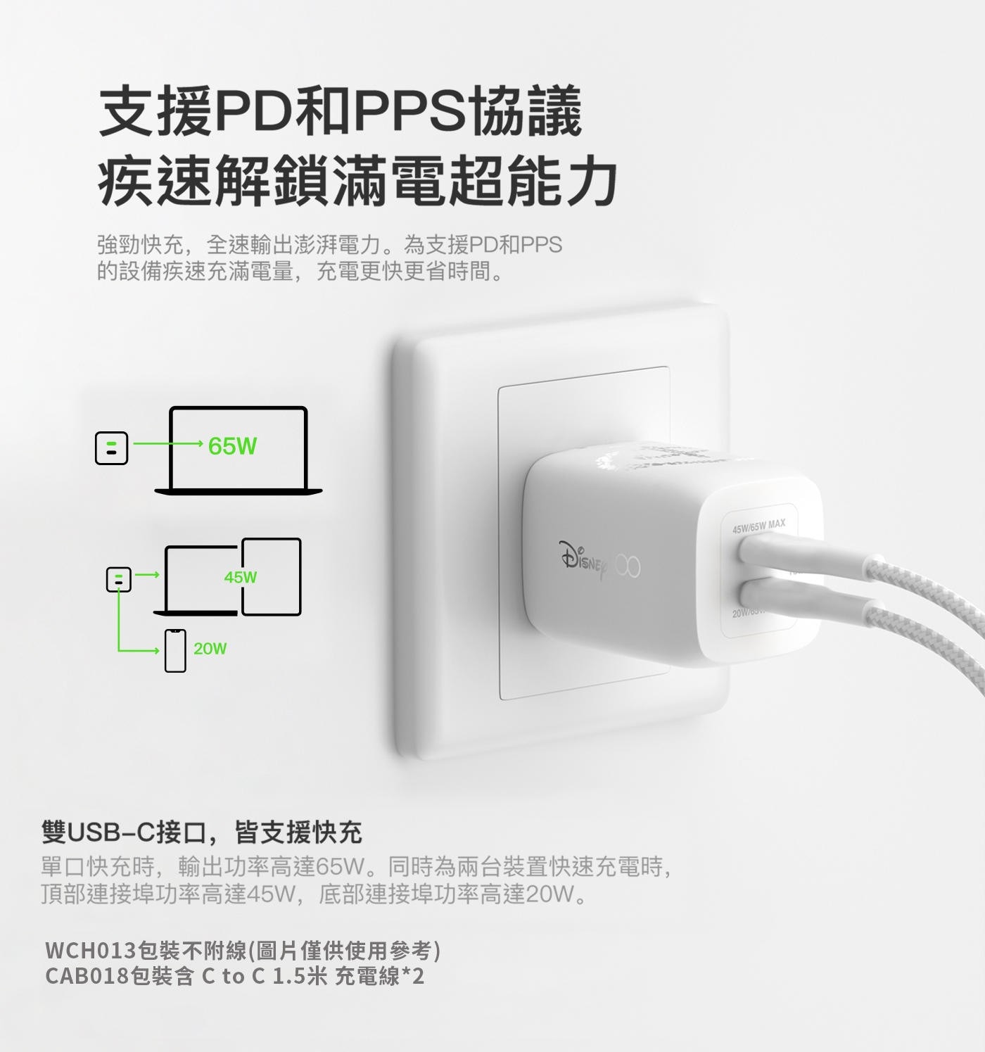 支援PD和PPS協議 疾速解鎖滿電超能力 強勁快充,全速輸出澎湃電力...CAB018包裝含C to C1.5米 充電線2 45W/65W MAX 20W769.8