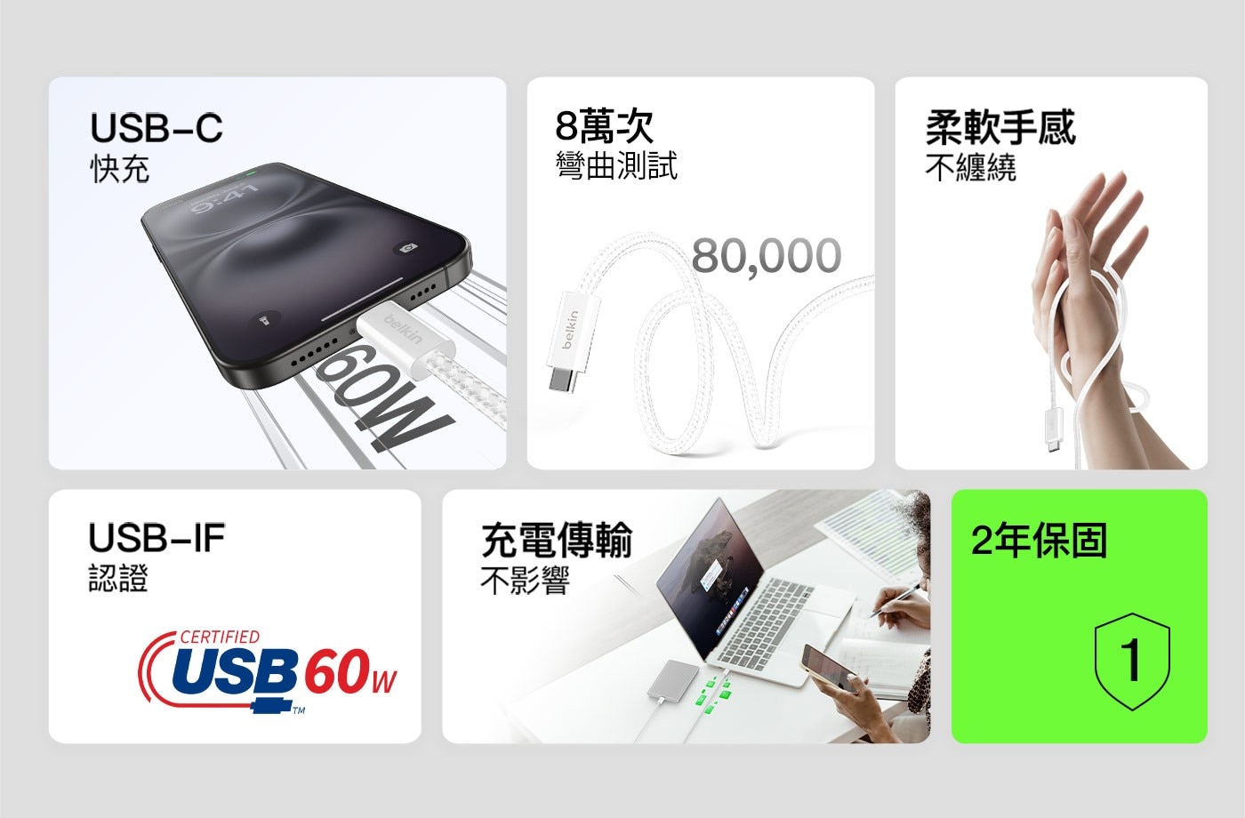 USB-C 快充 9:41 USB-IF belkin 60W 認證 CERTIFIED USB60W TM 8萬次 彎曲測試 80,000 柔軟手感 不纏繞 充電傳輸 不影響 2年保固 1