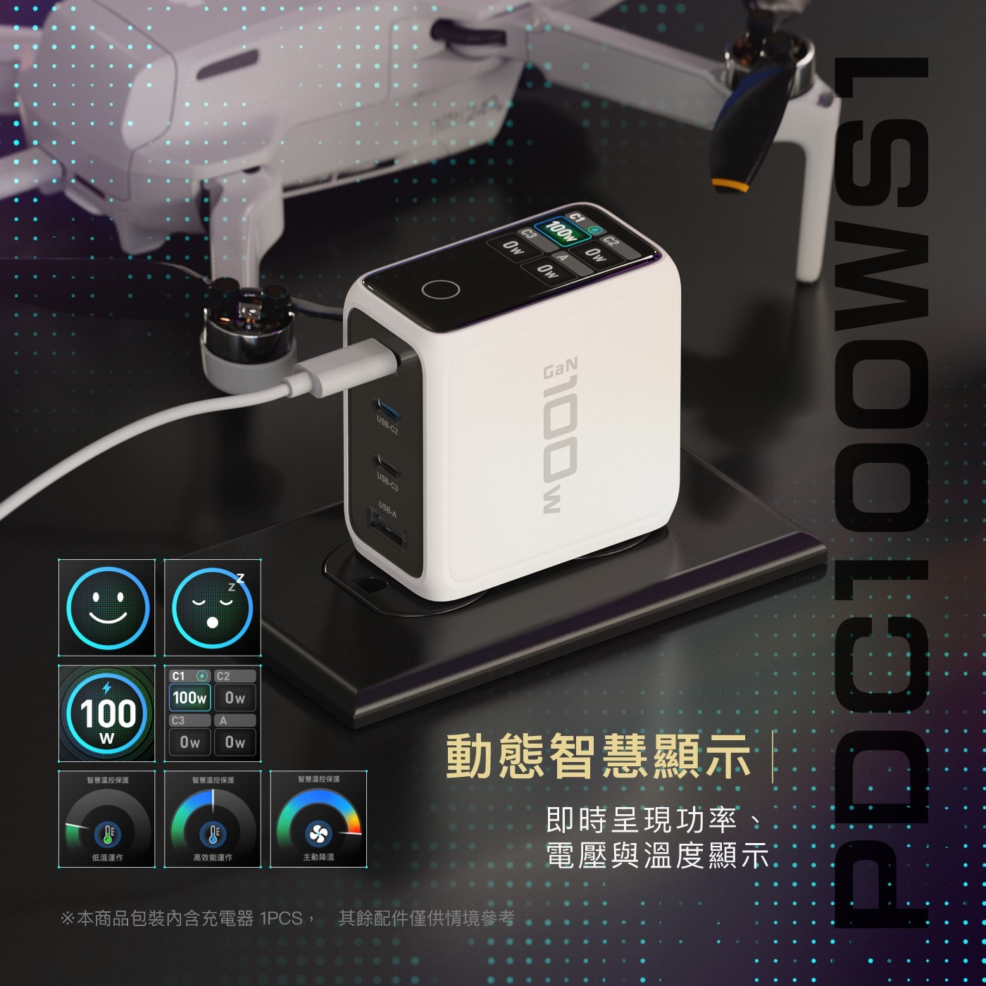 100w Ow GaN LSMOOLOOD 智慧溫控保護 低溫運作 高效能運作 主動降溫 動態智慧顯示 本商品包裝內含充電器 其餘配件僅供情境參考 即時呈現功率 電壓與溫度顯示 100w