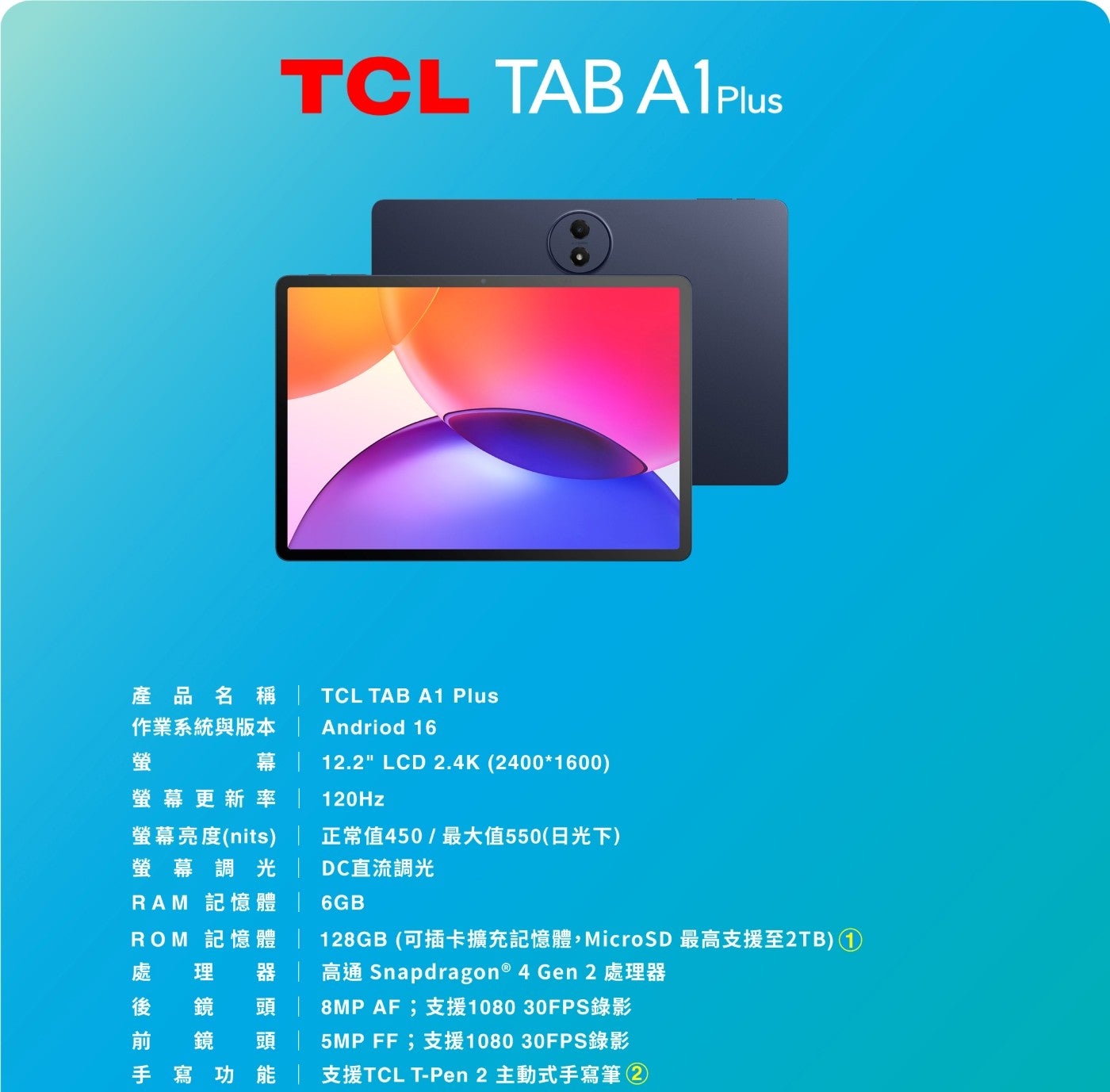 TCL TAB A1 Plus 產品名稱 作業系統與版本 螢 Andrio 幕 螢幕更新率 LCD 120Hz 螢幕亮度nits 正常值450最大值550日光下 螢幕調光 DC直流調光 RAM...