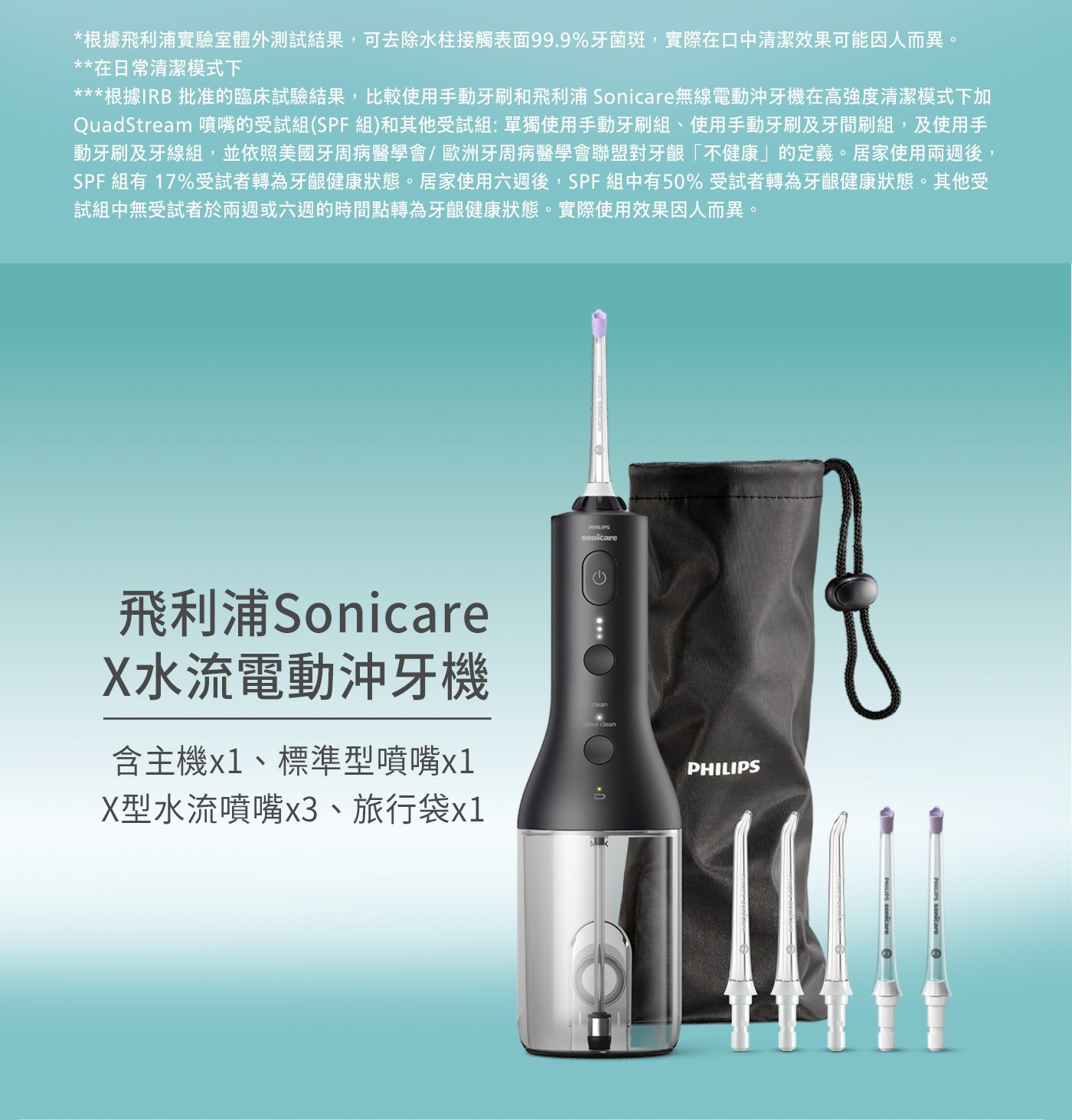 根據飛利浦實驗室體外測試結果,可去除水柱接觸表面99.9牙菌斑,實際在口中清潔效果可能因人而異。